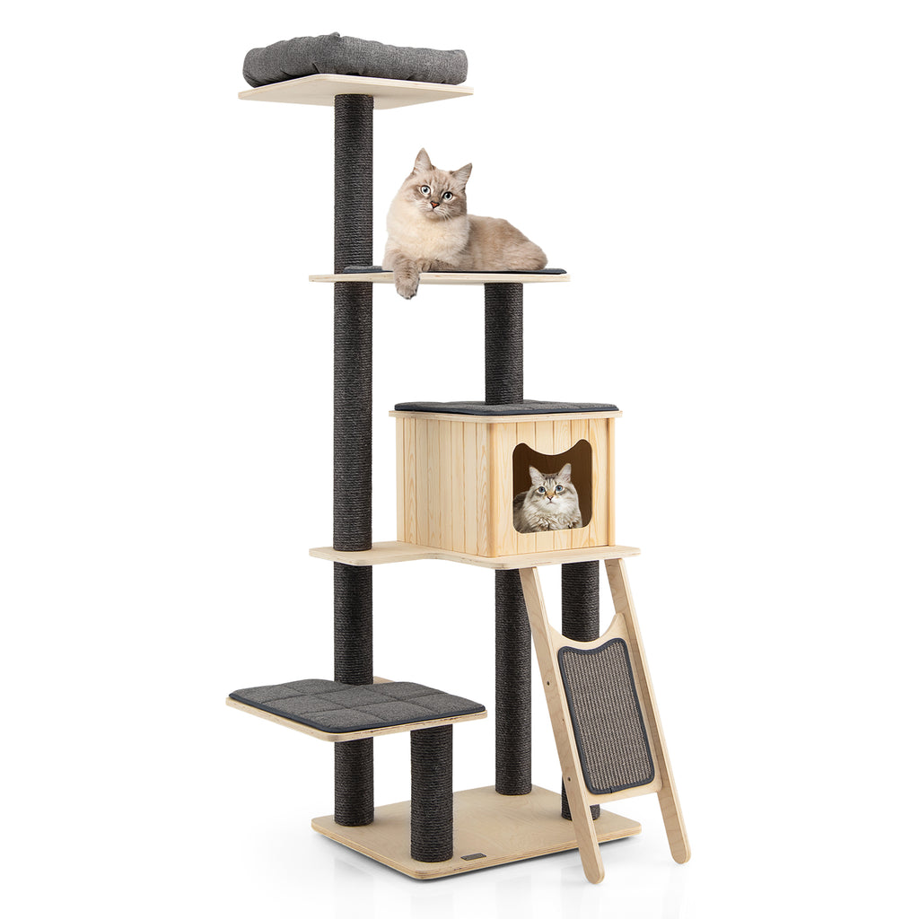 4-Tier Tall Cat Tower with Scratching Sisal Posts-Grey