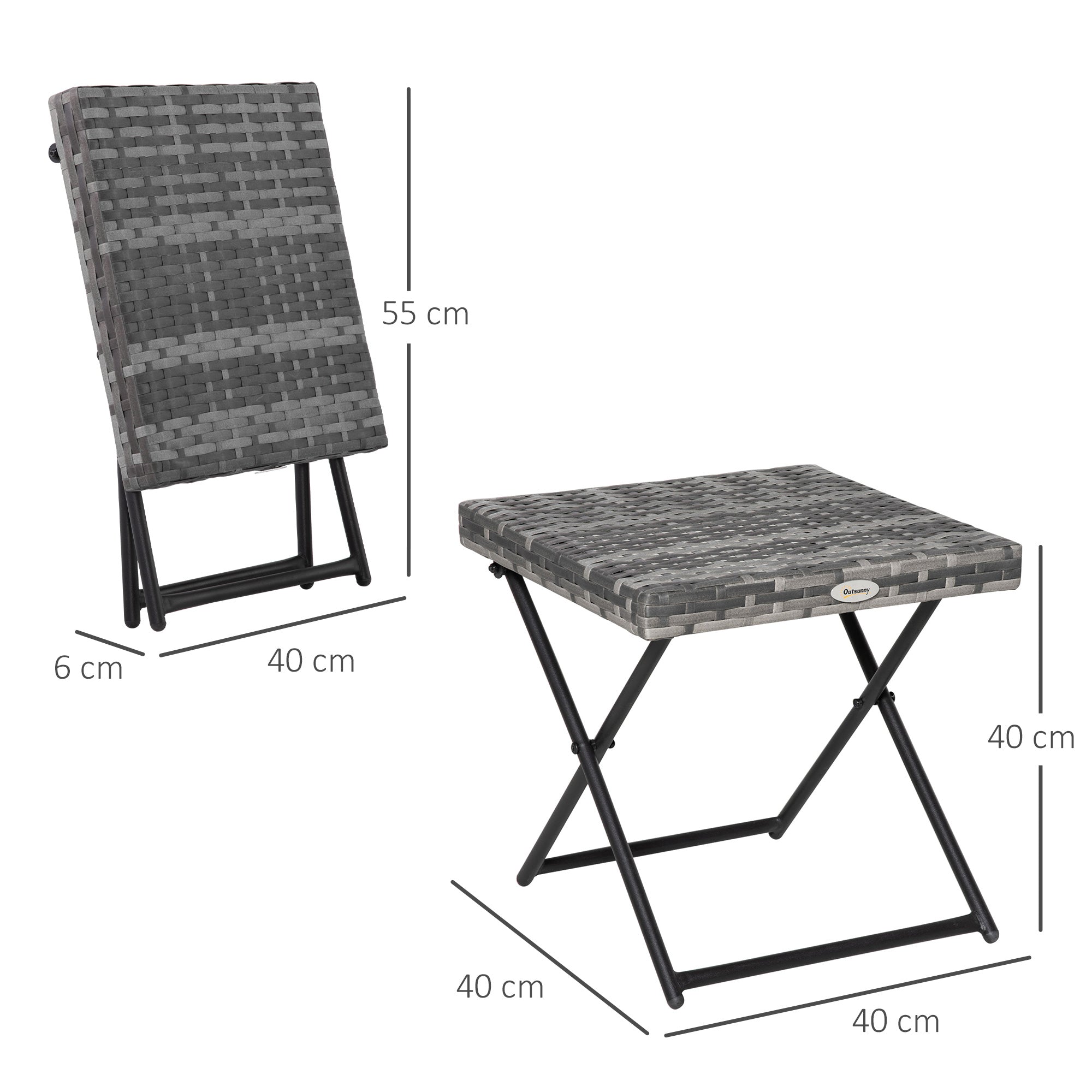Outsunny Garden Small Folding Square Rattan Coffee Table Bistro Balcony Outdoor Wicker Weave Side Table 40H x 40L x 40Wcm Grey