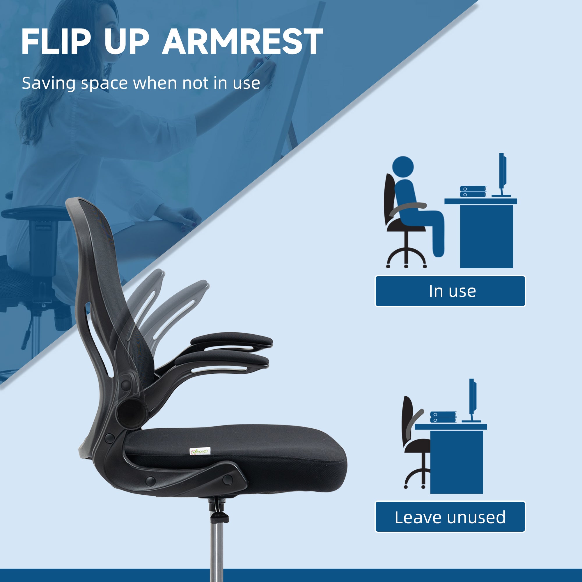 Vinsetto Ergonomic Mesh Standing Desk Chair with Flip-up Armrests Lumbar Support Armrests Adjustable Footrest Ring Black