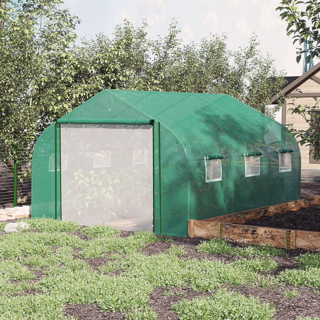Outsunny Walk-in Polytunnel Garden Greenhouse, Outdoor Greenhouse with PE Cover, Zippered Roll Up Door and 6 Windows, 3.5 x 3 x 2m, Green - Inspirely