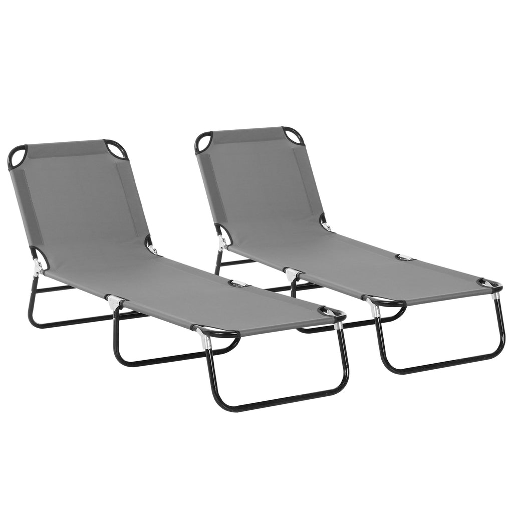 Outsunny 2 Pieces Foldable Sun Lounger Set With 5-Position Adjustable Backrest, Portable Relaxer Recliner with Lightweight Frame Great for Sun Bathing, Grey