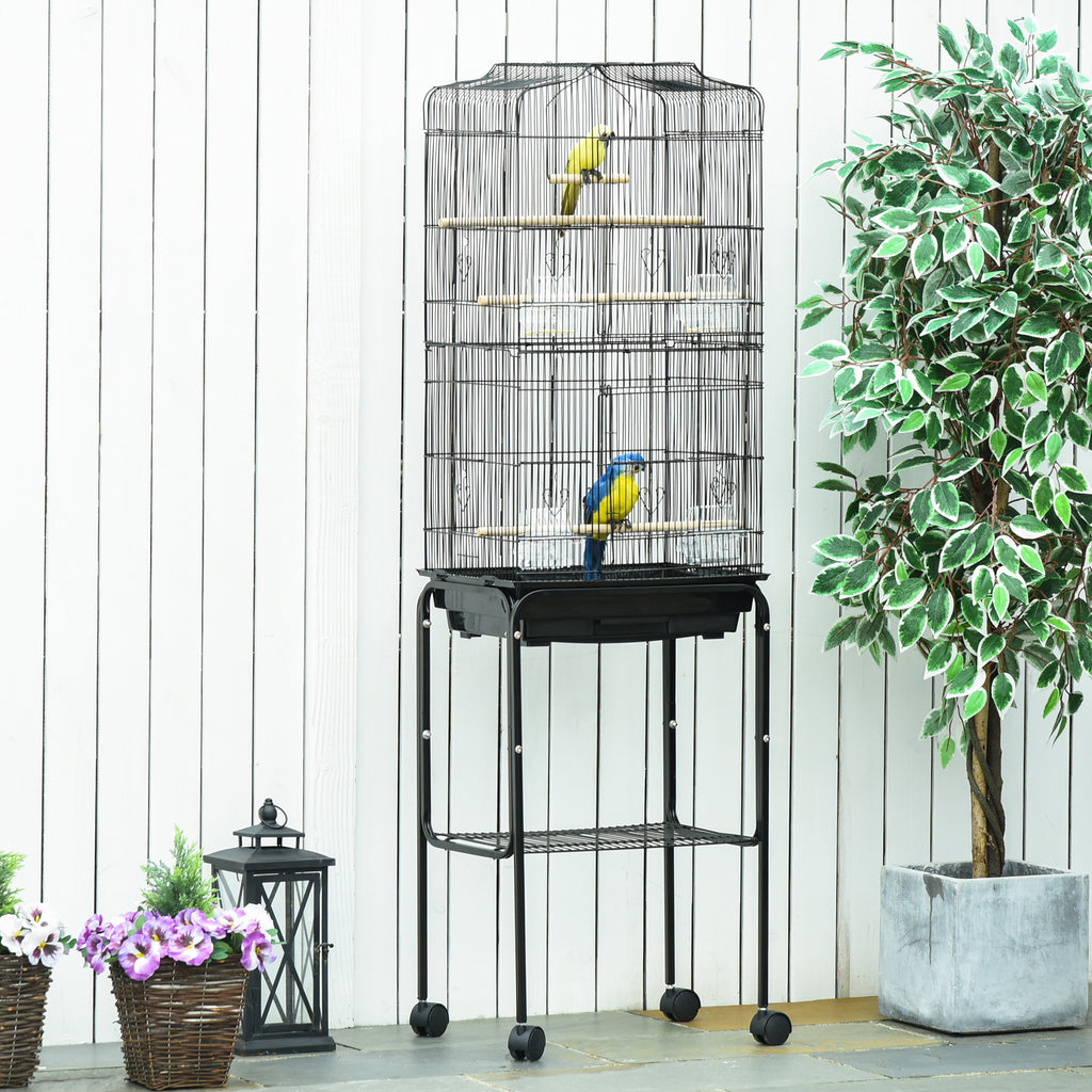 PawHut Bird Cage Budgie Cages for Finch Canary Parakeet with Stand Wheels Slide-out Tray Accessories Storage Shelf, Black 36 x 46.5 x 157 cm