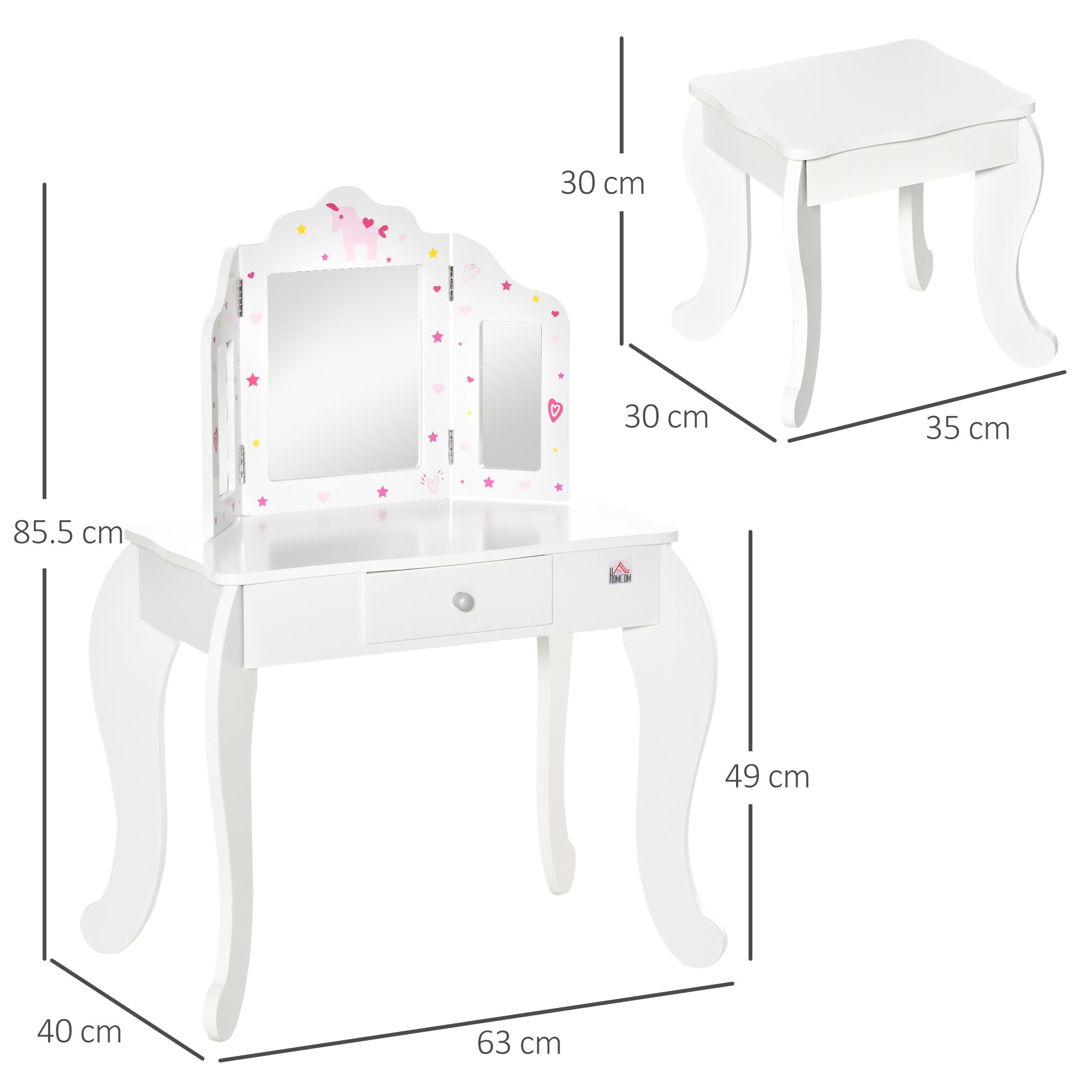 HOMCOM Kids Vanity Table & Stool Girls Dressing Set Make Up Desk Chair Dresser Play Set with Rotatable Mirrors Drawer Star & Heart Pattern White - Inspirely