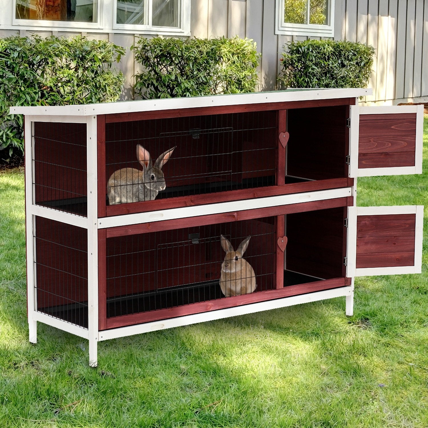 Two-Tier Double Decker Wooden Rabbit Hutch Pet Cage 136.4Lx50Wx93H cm-Brown/White - Inspirely