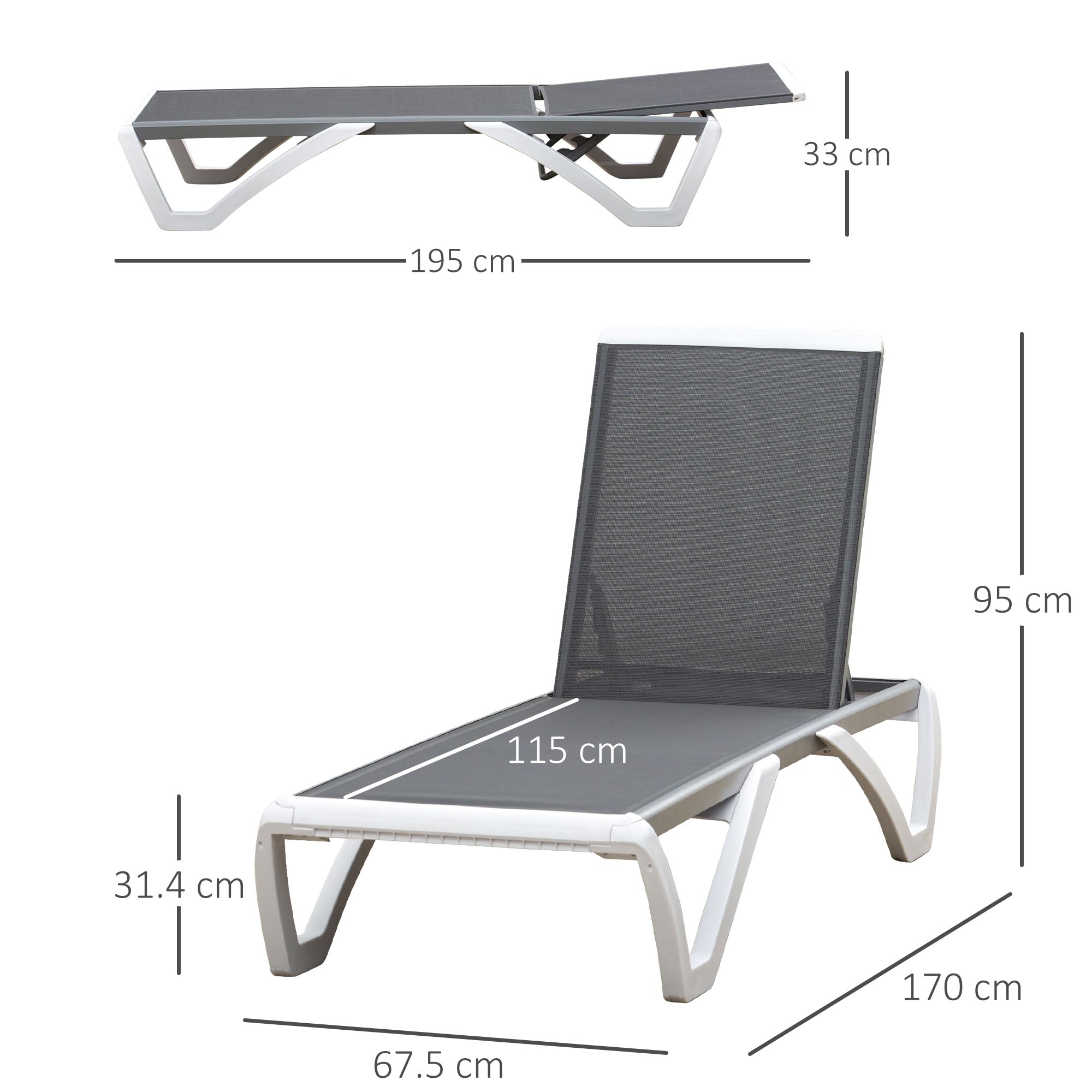 Outsunny Portable Outdoor Chaise Lounge, with Adjustable Back, Breathable Texteline, Light Grey - Inspirely