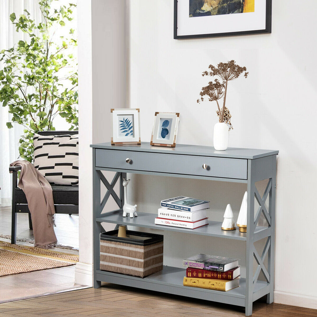 3-Tier Console Table with 1 Drawer and 2 Storage Shelves-Grey