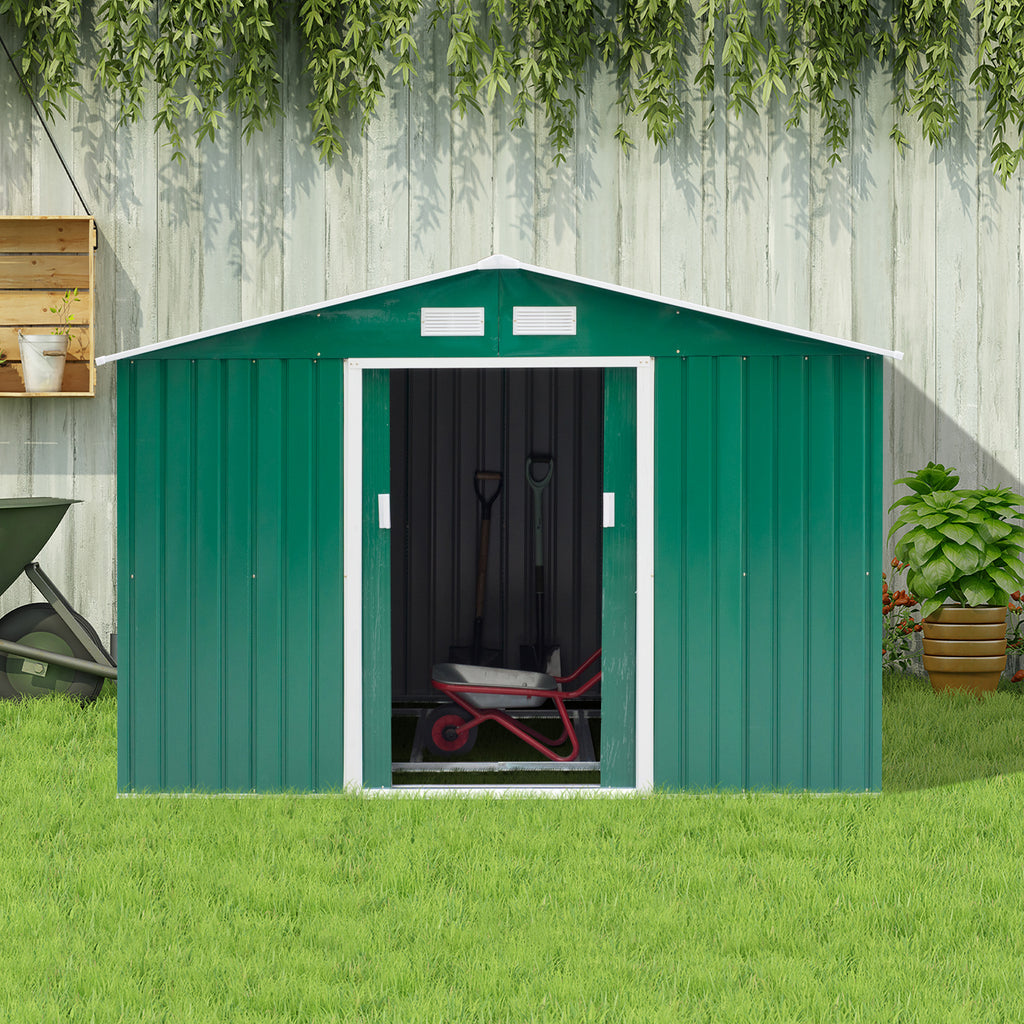 Outsunny Lockable Garden Shed Large Patio Tool Metal Storage Building Foundation Sheds Box Outdoor Furniture (9 x 6 FT, Green) - Inspirely