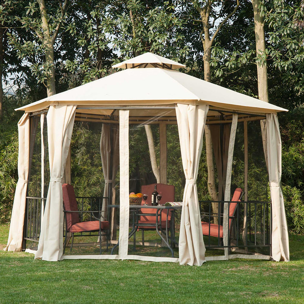 Outsunny Hexagon Gazebo Patio Canopy Party Tent Outdoor Garden Shelter w/ 2 Tier Roof & Side Panel - Beige - Inspirely