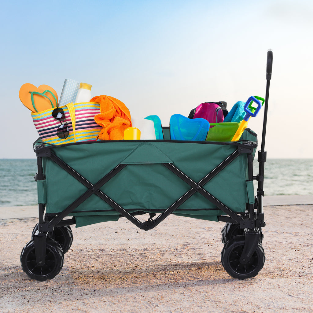 Outsunny Outdoor Pull Along Cart Folding Cargo Wagon Trailer Trolley  for Beach Garden Use with Telescopic Handle, Anti-Slip Wheel - Green - Inspirely