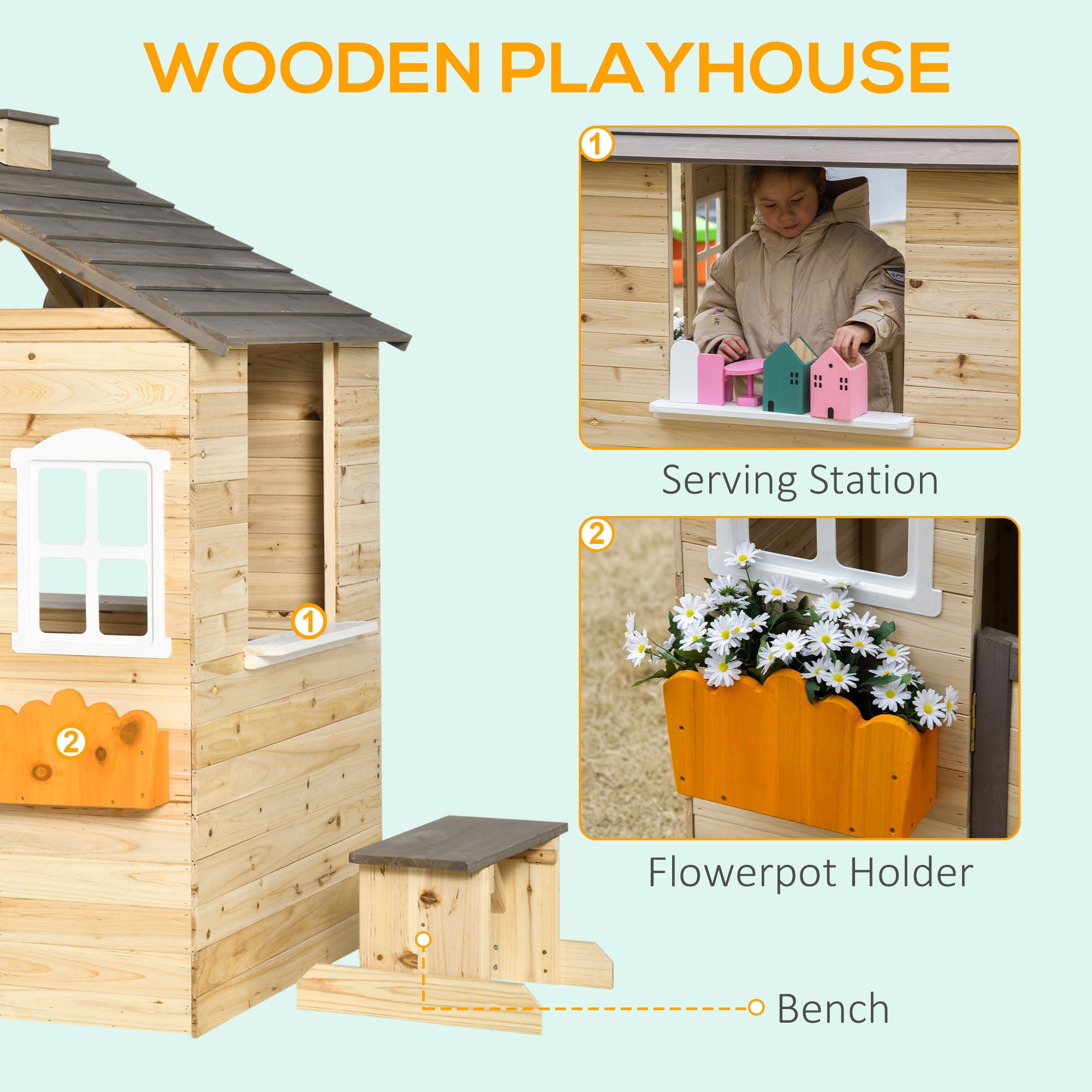 Outsunny Wooden Kids Playhouse, Outdoor Garden Games Cottage with Working Door, Windows, Bench, Service Station, Flowers Pot Holder for 3-7 Years Old - Inspirely