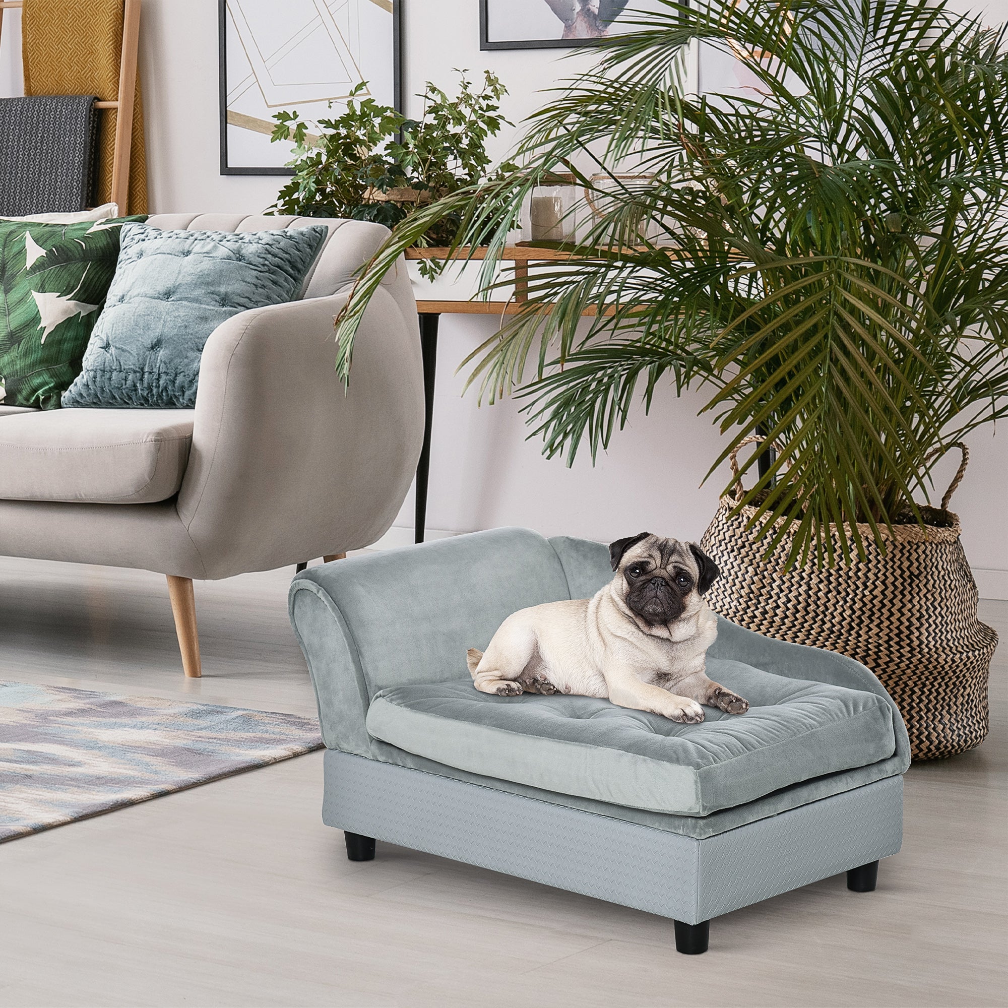 PawHut Dog Sofa with Storage, Pet Chair for Small Dogs, Cat Couch with Soft Cushion, Light Blue, 76 x 45 x 41.5 cm