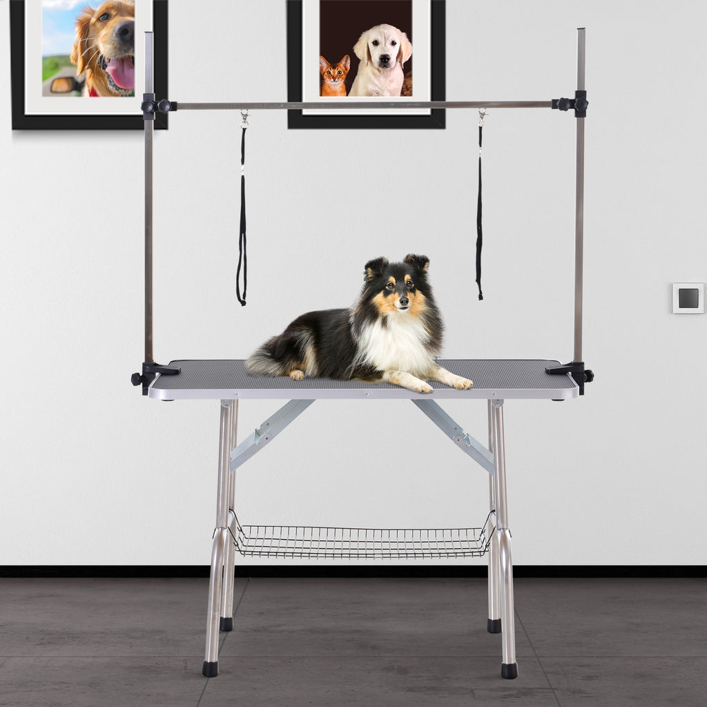 PawHut Adjustable Dog Grooming Table Rubber Top 2 Safety Slings Mesh Storage Basket Heavy Metal Black 107 x 60 x 170cm - Inspirely