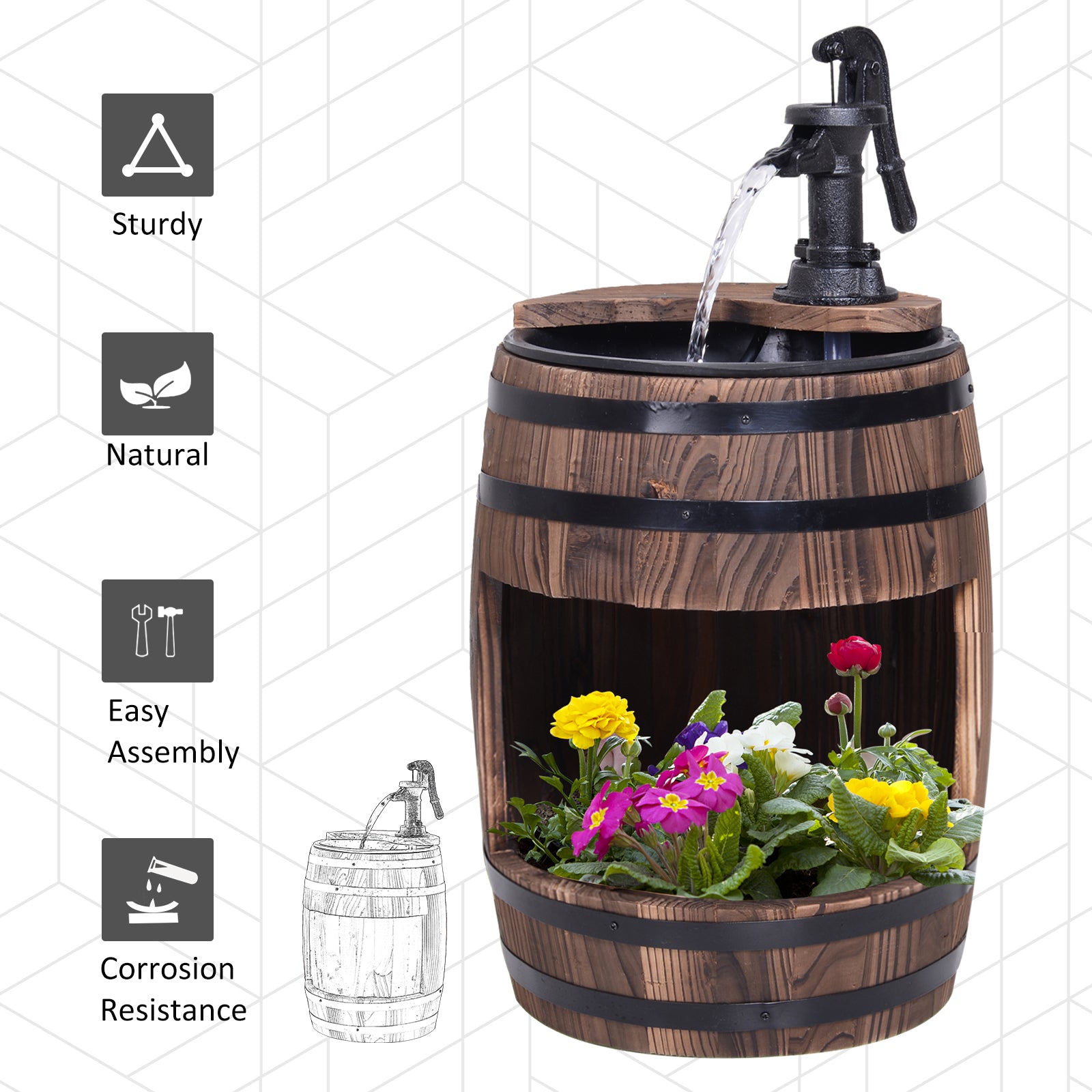 Outsunny Wood Barrel Patio Water Fountain Electric Pump Garden Decorative Ornament with Flower Planter Decor