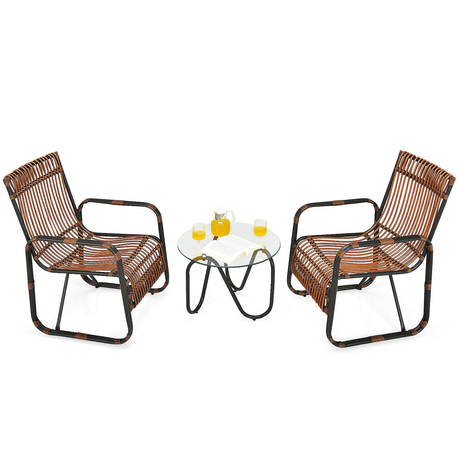 3 Piece Rattan Furniture Set with 2 Armchairs and Glass Coffee Table