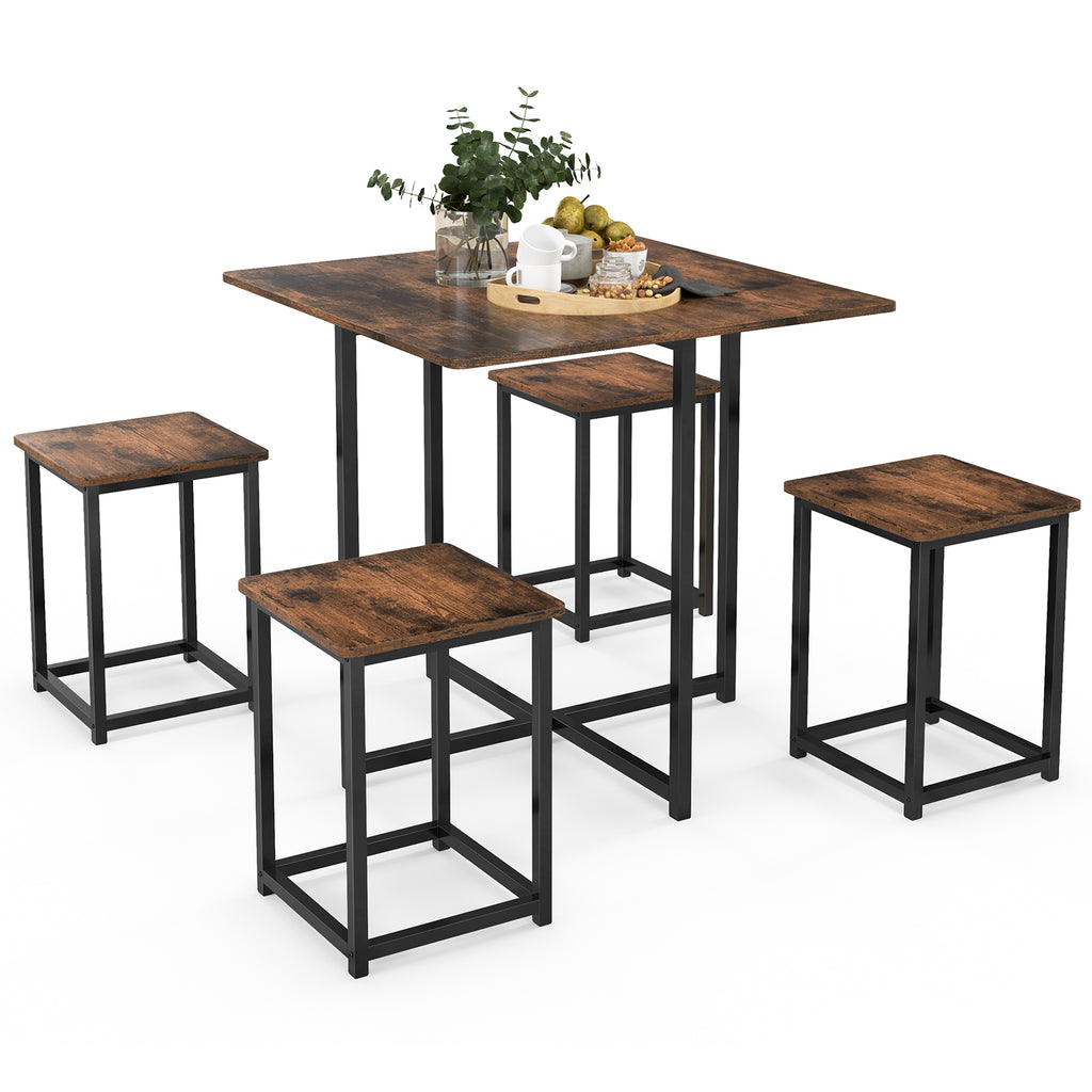 5-Piece Dining Table Setwith 4 Square Stools for Breakfast Nook-Rustic Brown