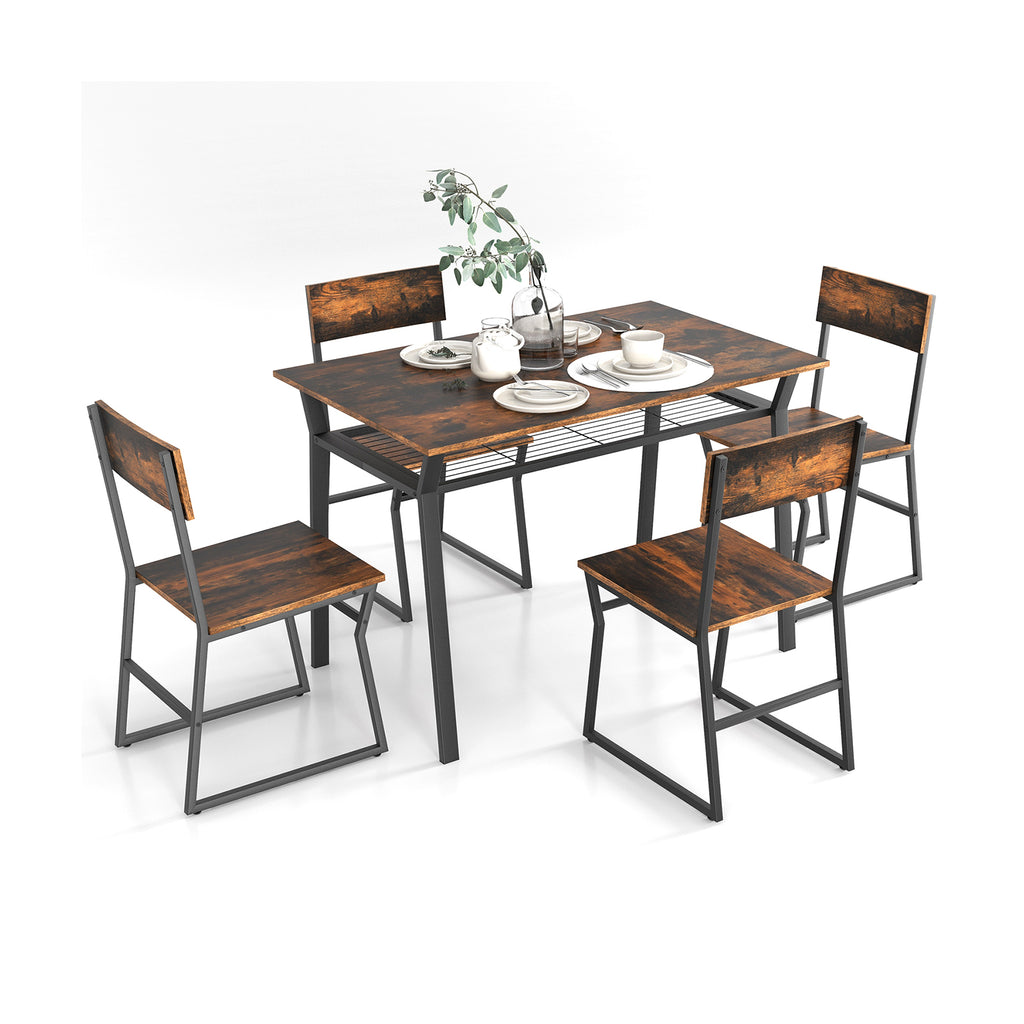 5 Piece Dining Table Set with Storage Rack and Metal Frame-Rustic Brown