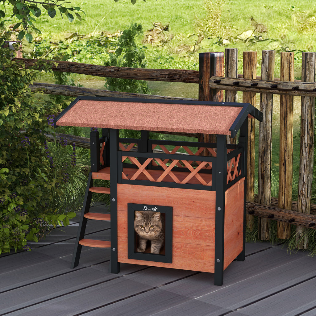 PawHut Cat House Outdoor w/ Balcony Stairs Roof, 77 x 50 x 73 cm, Brown