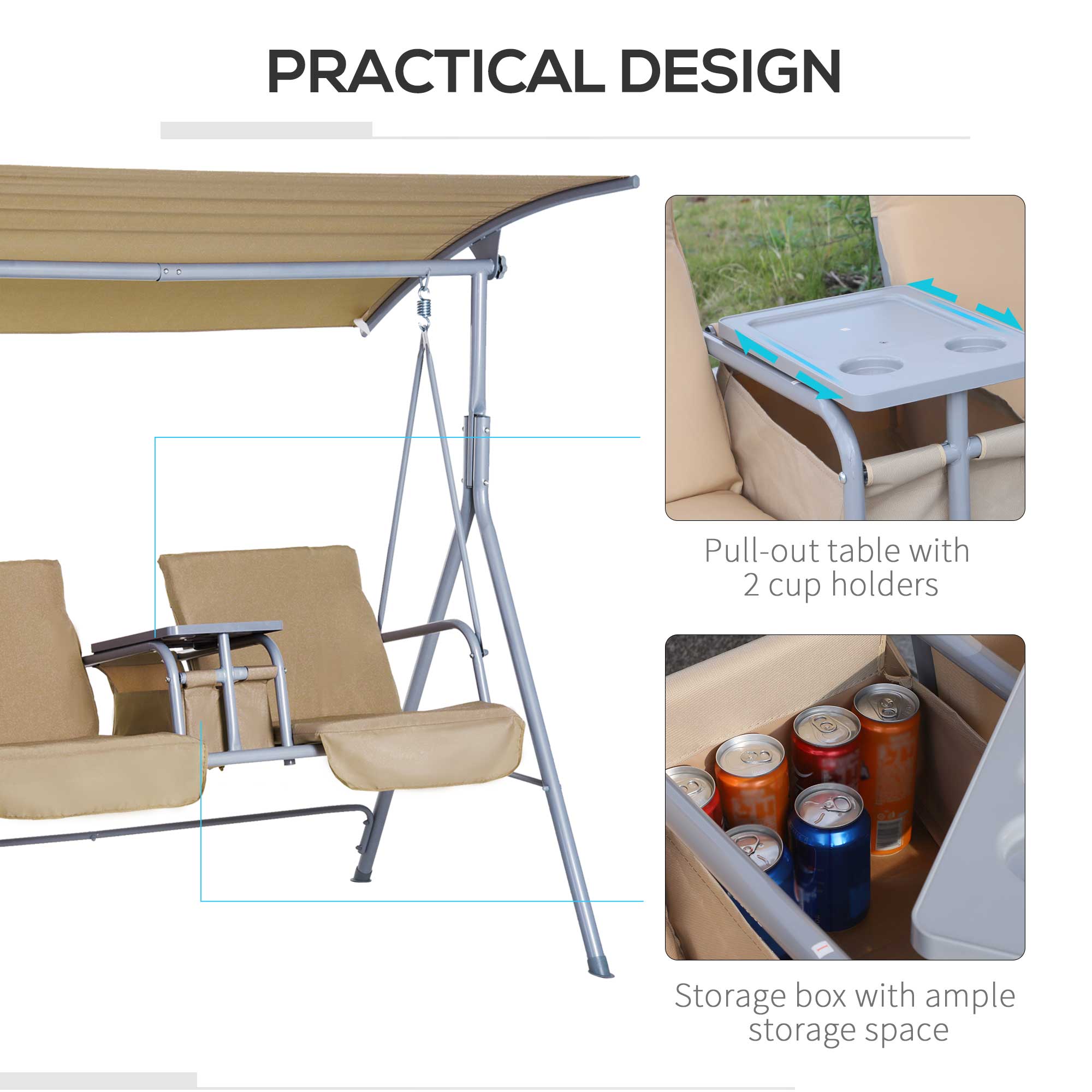 Outsunny 2 Seater Garden Swing Chair Patio Rocking Bench w/ Tilting Canopy, Double Padded Seats, Storage Bag and Tray, Beige - Inspirely