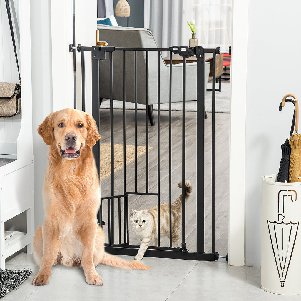 PawHut Extra Tall Dog Gate with Cat Door, Pet Safety Gate for Doorways Stairs with Auto Close Double Locking, 104 cm Tall 74-80 cm Wide, Black