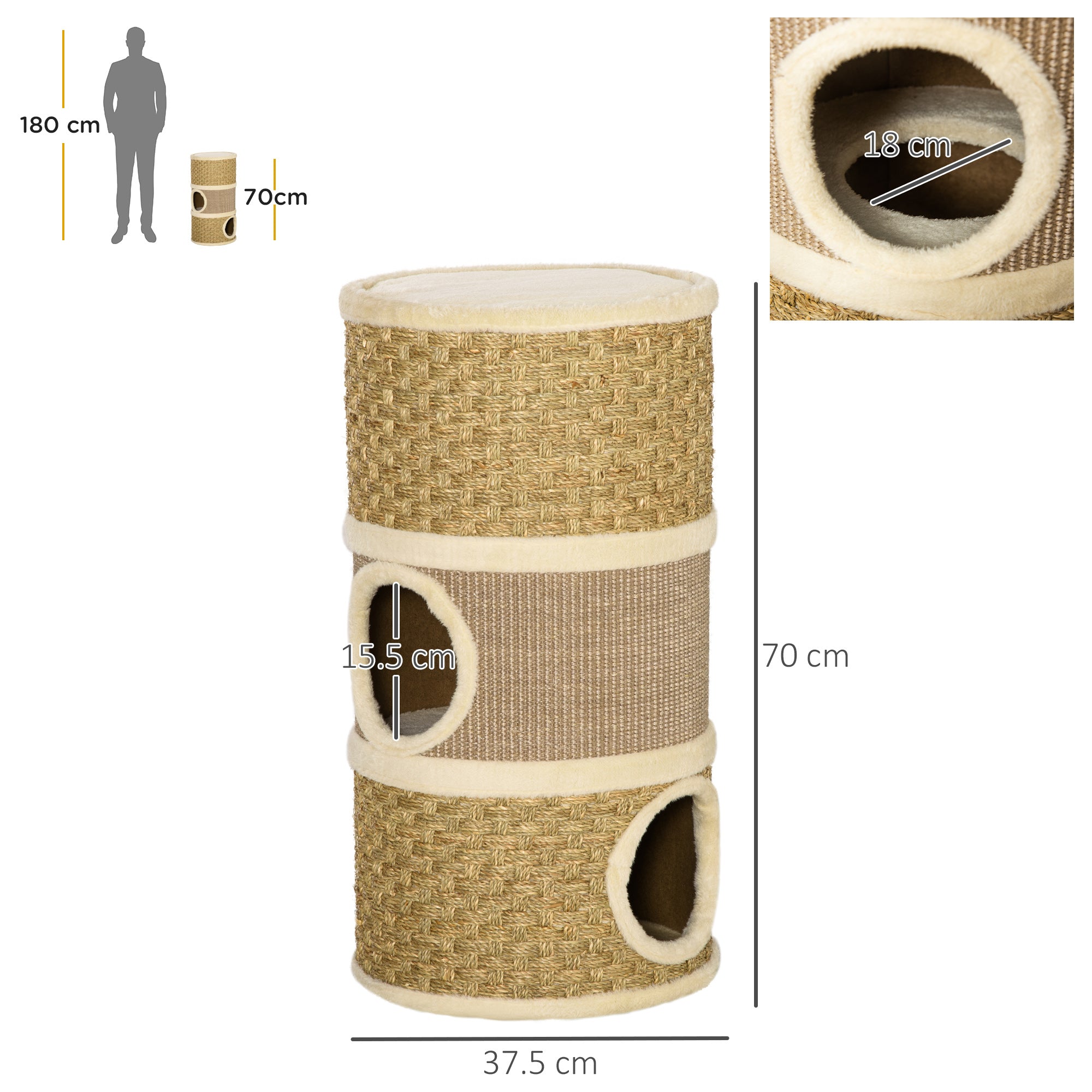 PawHut Cat Scratching Barrel Kitten Tree Tower Pet Furniture Climbing Frame Covered with Sisal and Seaweed Rope Cozy Platform Soft Plush - Inspirely