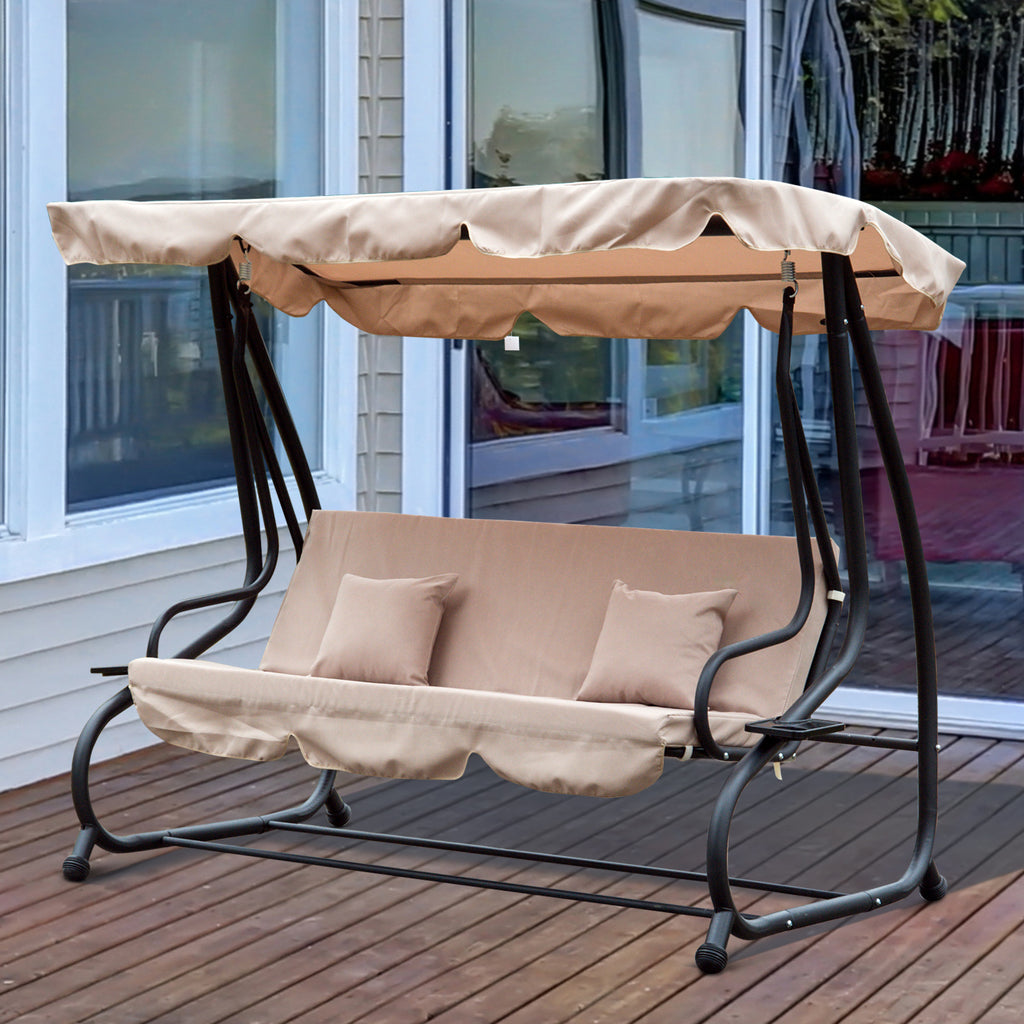 Outsunny 3 Seater Garden Swing Seat Bed Swing Chair 2-in-1 Hammock Bed Patio Garden Chair with Adjustable Canopy and Cushions, Light Brown