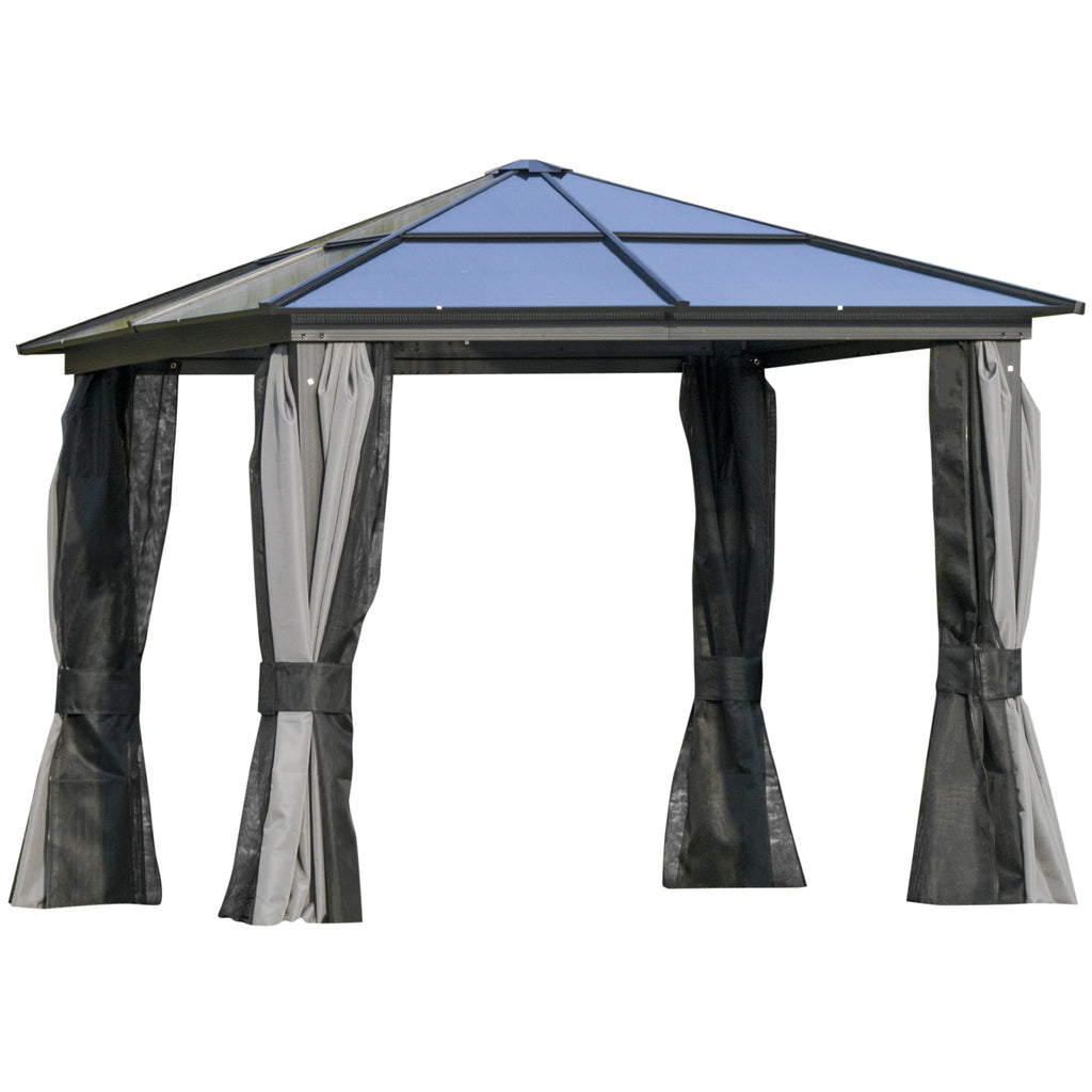 Outsunny 3 x 3(m) Hardtop Gazebo with UV Resistant Polycarbonate Roof & Aluminium Frame, Garden Pavilion with Mosquito Netting and Curtains - Inspirely