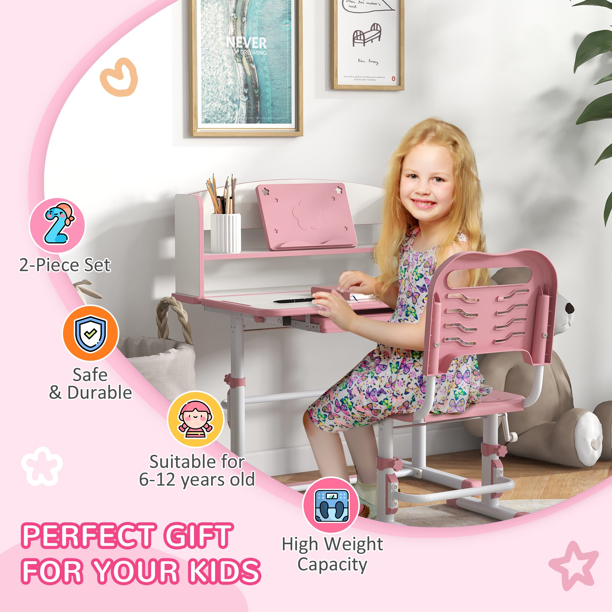 ZONEKIZ Height Adjustable Kids Study Table and Chair Set, with Drawer, Storage Shelf, 80 x 54.5 x 104 cm, Pink