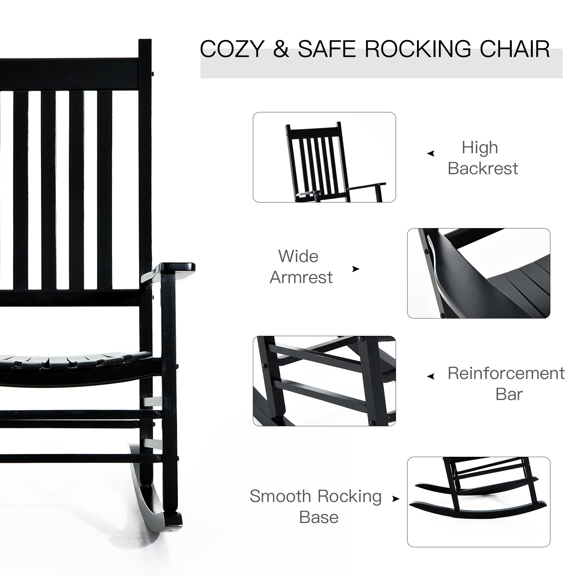 Outsunny Outdoor Porch Rocking Chair Armchair Wooden Patio Rocker Balcony Deck Garden Seat Black - Inspirely
