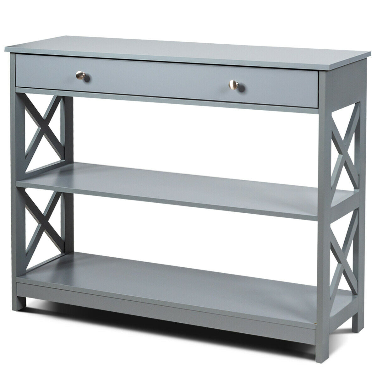 3 Tier Console Table with 1 Drawer and 2 Storage Shelves Grey