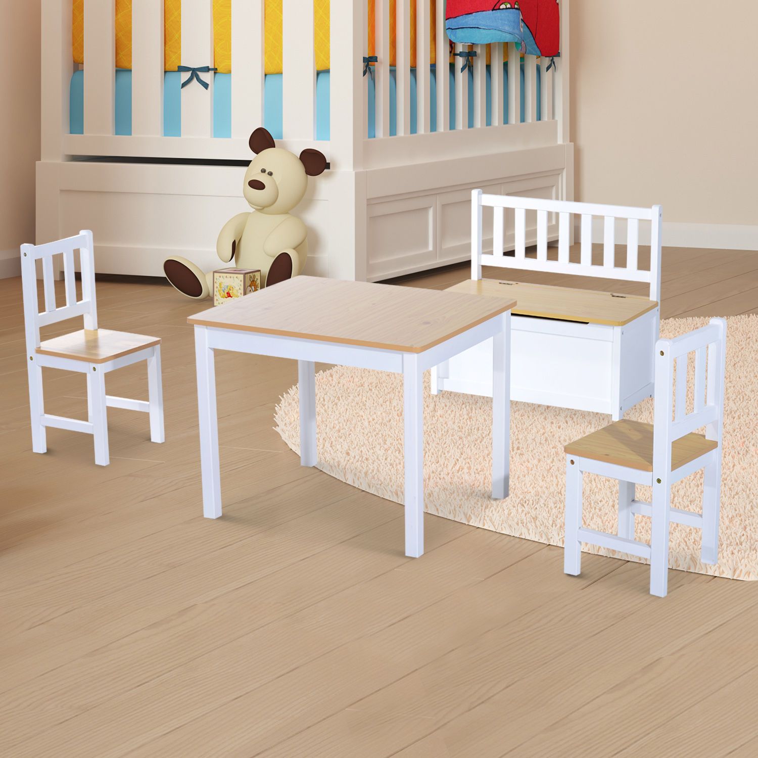 Pine Wood Kids 4 Pc Furniture Set-Oak/White - Inspirely