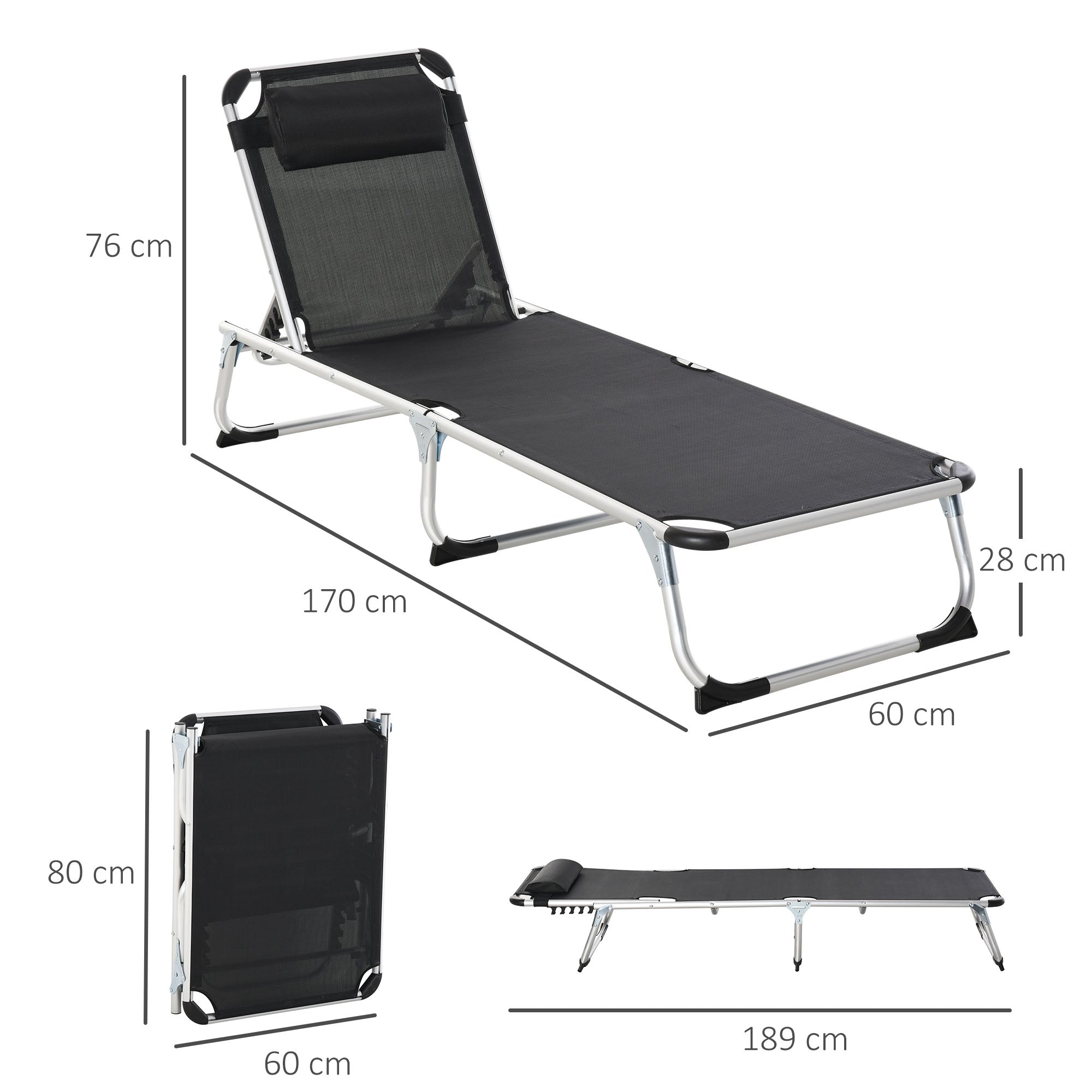 Outsunny Foldable Reclining Sun Lounger Lounge Chair Camping Bed Cot with Pillow 5-Level Adjustable Back Aluminium Frame Black - Inspirely
