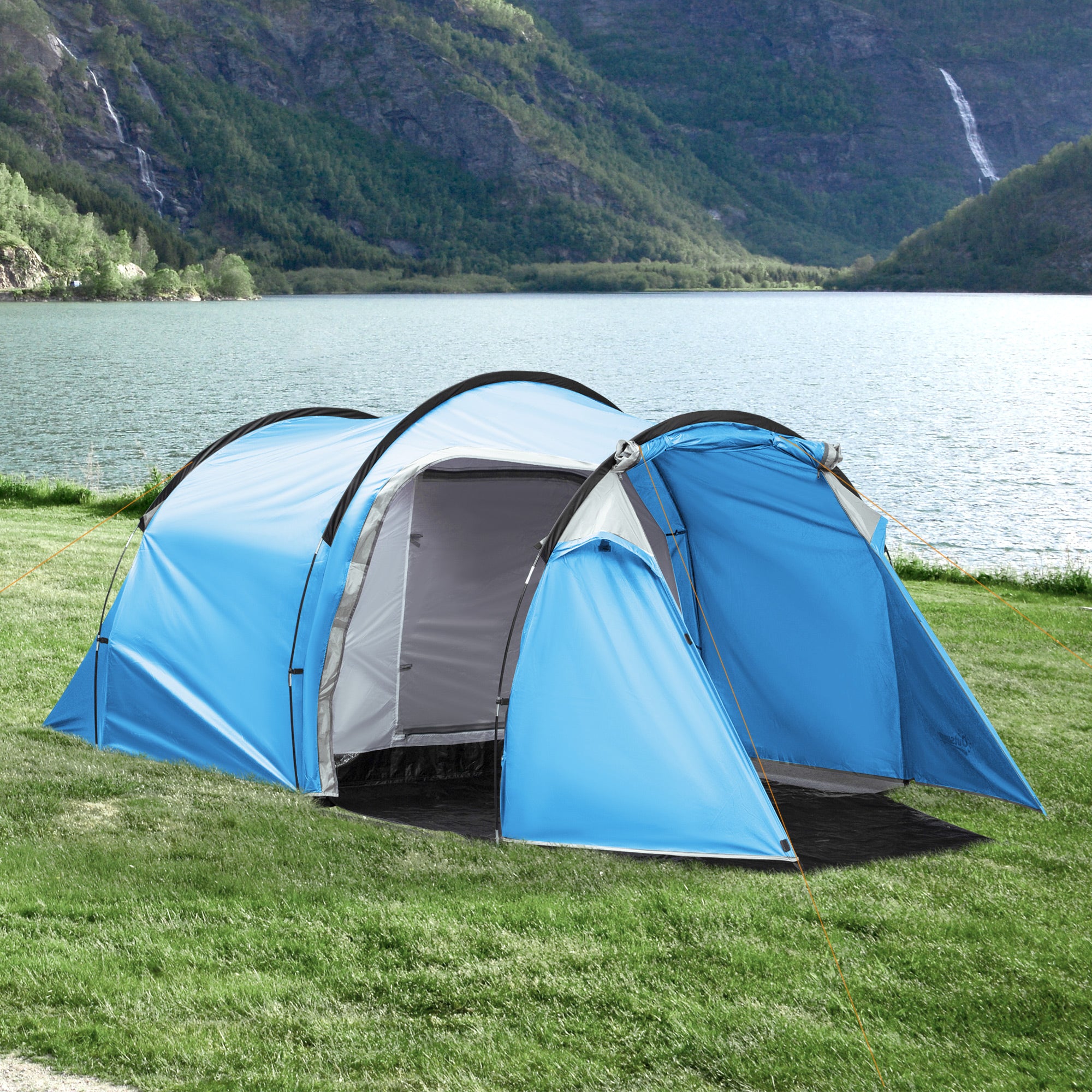 Outsunny 2-3 Man Tunnel Tents w/ Vestibule Camping Tent Porch Air Vents Rainfly Weather-Resistant Shelter Fishing Hiking Festival Shelter Blue - Inspirely