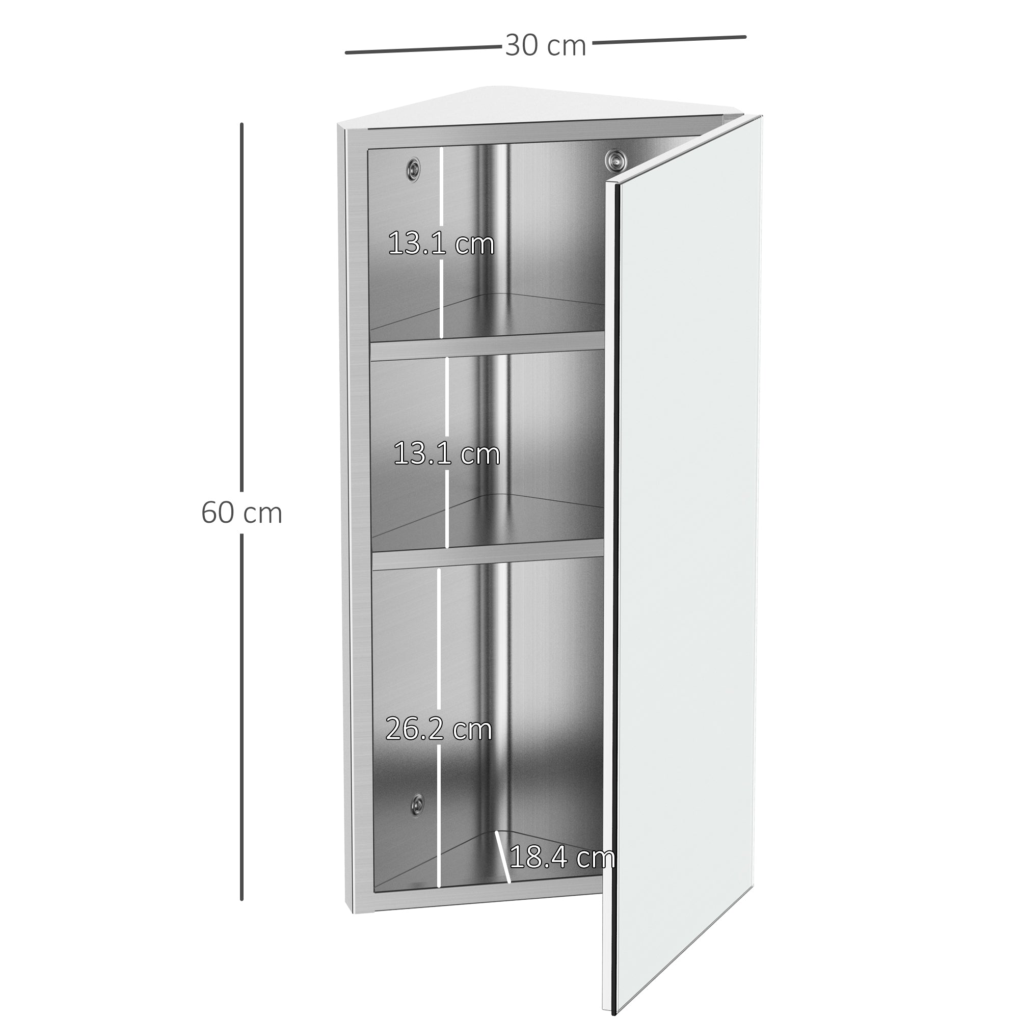 HOMCOM Bathroom Mirror Storage Cabinet Corner Stainless Steel Wall mounted Single Door 300mm (W) - Inspirely
