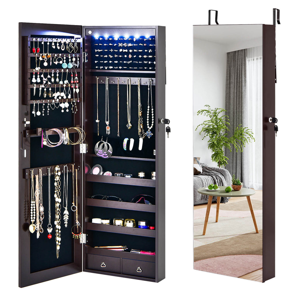 6 LED Lights Hanging Mirrored Jewelry Cabinet with Lock-Brown