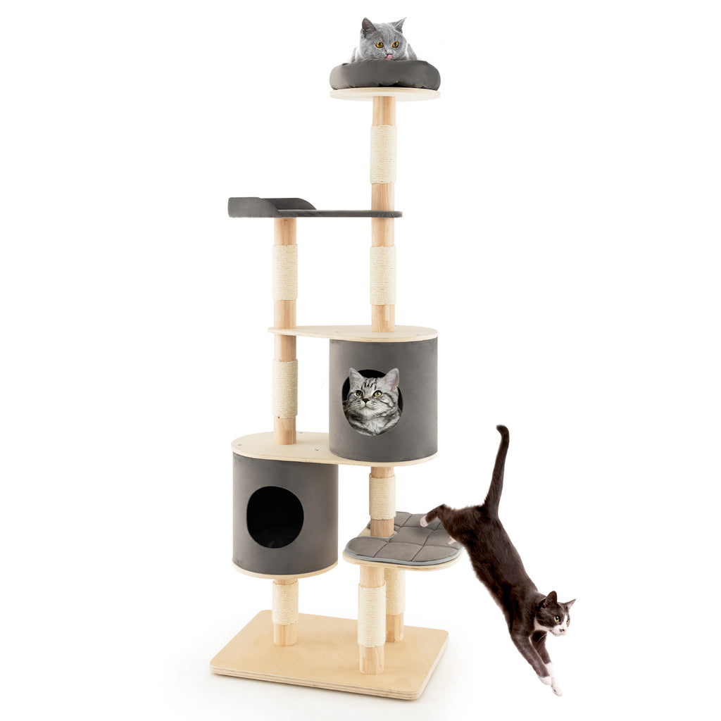 6-Tier Cat Tree Rubber Wood Cat Tower with Sisal Scratching Post-Grey
