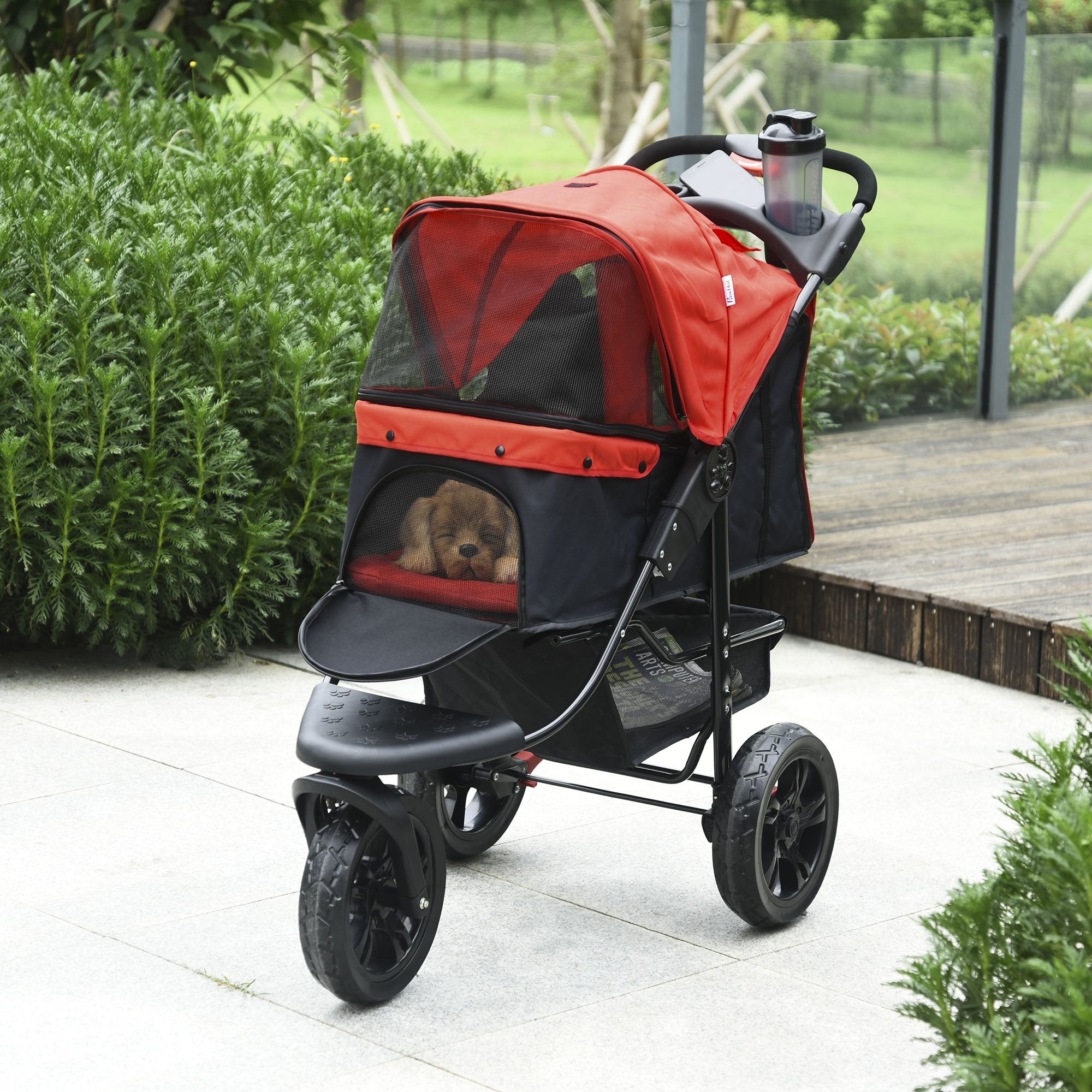 Oxford Cloth Folding 3-Wheel Pet Stroller Dog Trolley Red/Black - Inspirely