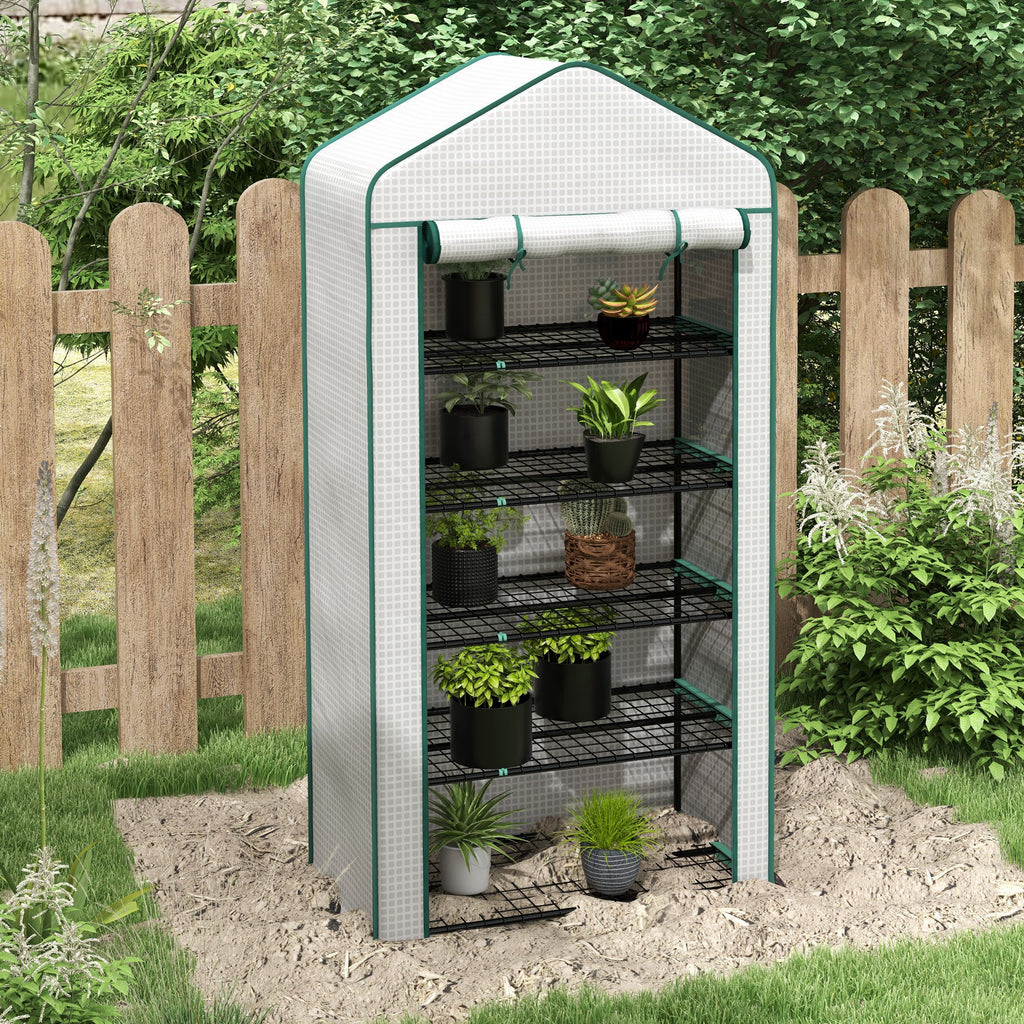 Outsunny 5 Tier Widened Mini Greenhouse with Reinforced PE Cover, Portable Indoor Outdoor Green House with Roll-up Door and Wire Shelves, 193H x 90W x 49Dcm, White