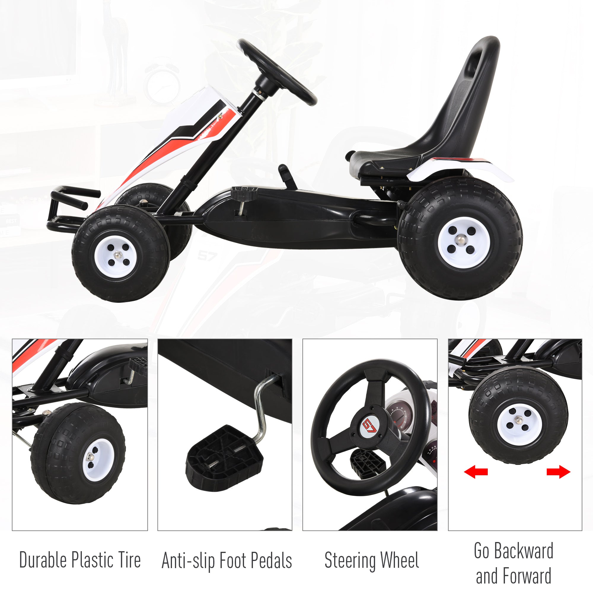 HOMCOM Kids Adjustable Seat PP Pedal Go-Kart White/Red - Inspirely