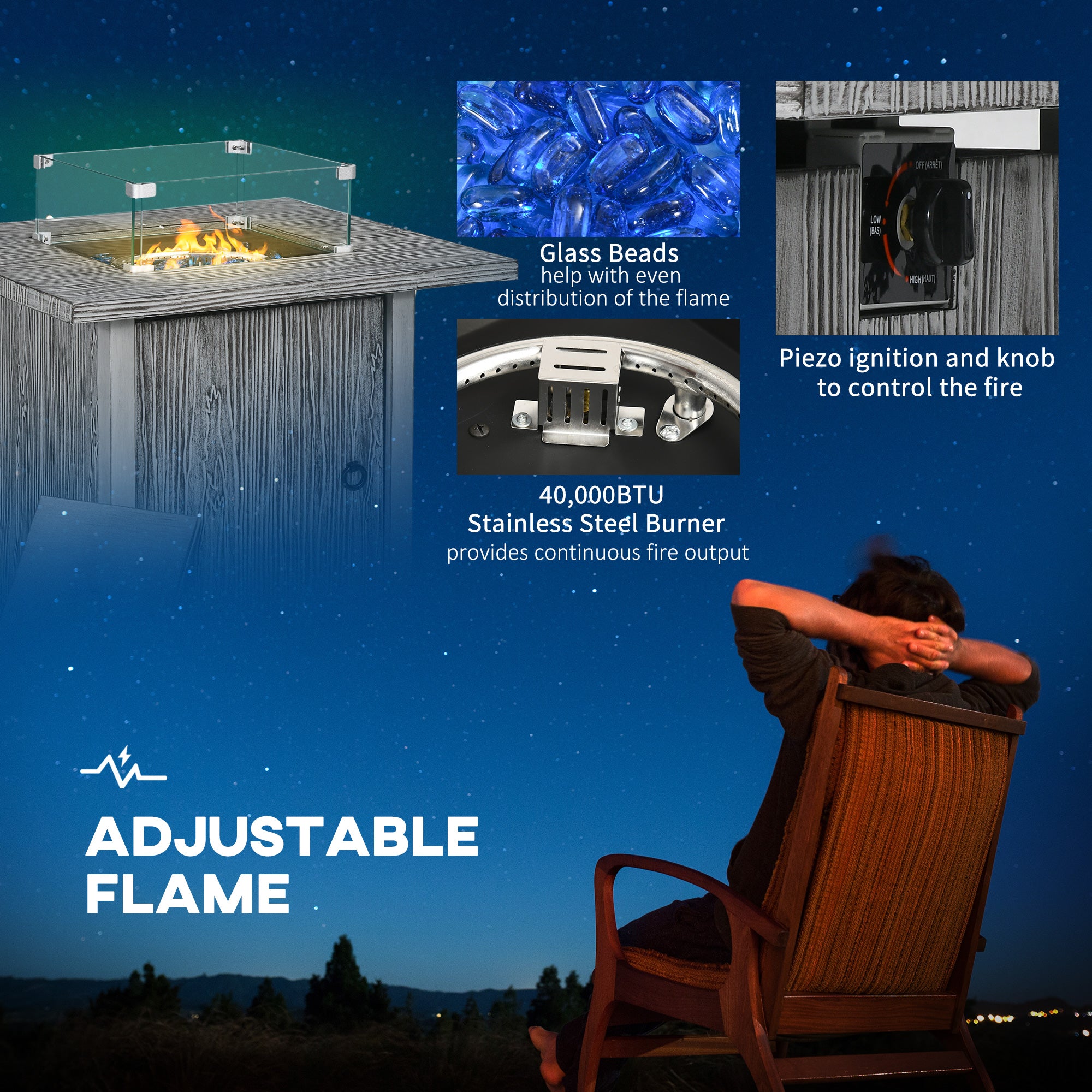 Outsunny 40,000 BTU Gas Fire Pit Table with Cover, Glass Screen and Glass Beads, Grey