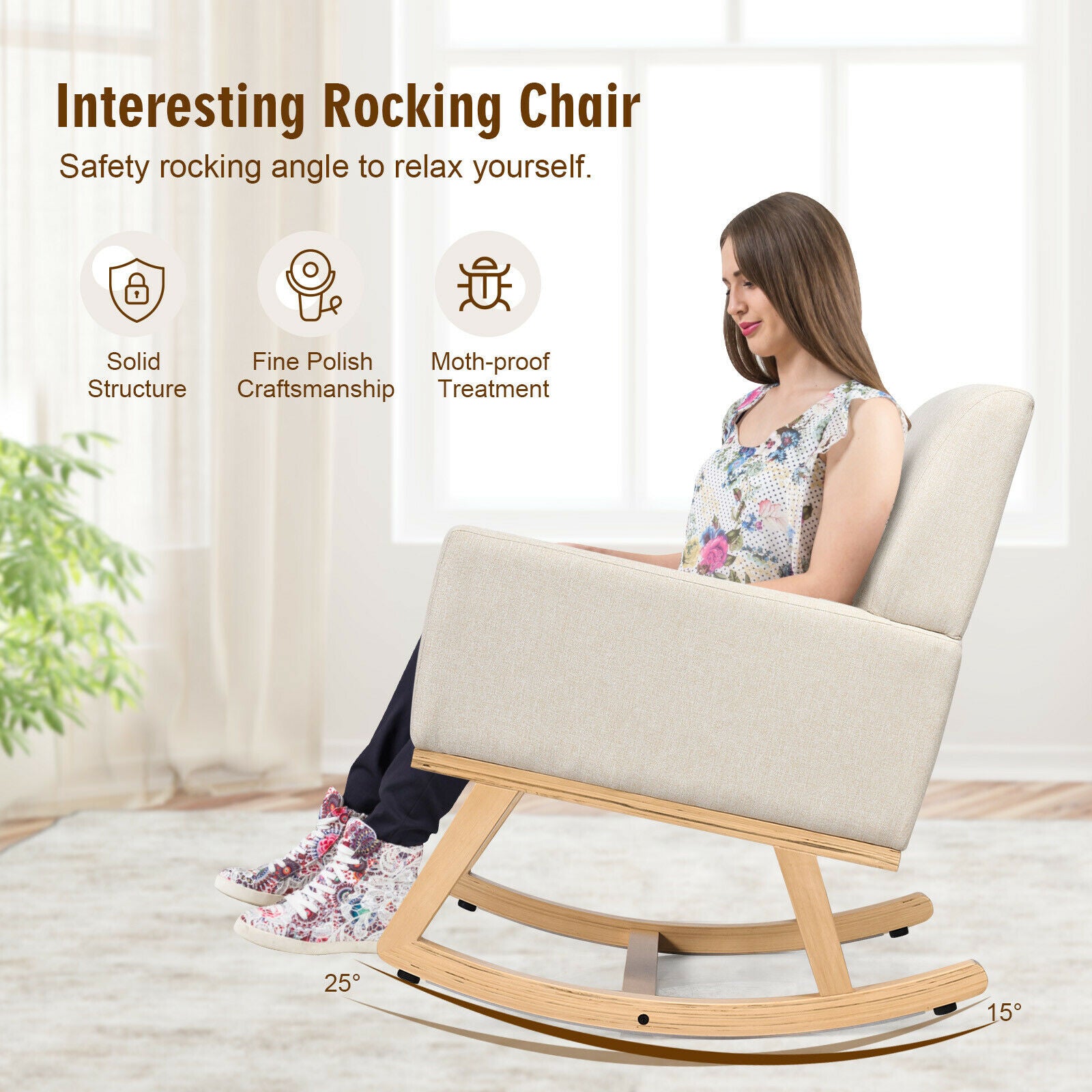 Fabric Upholstered Recliner Rocking Chair Armchair Lounge Sofa Seat Relax Rocker-Beige