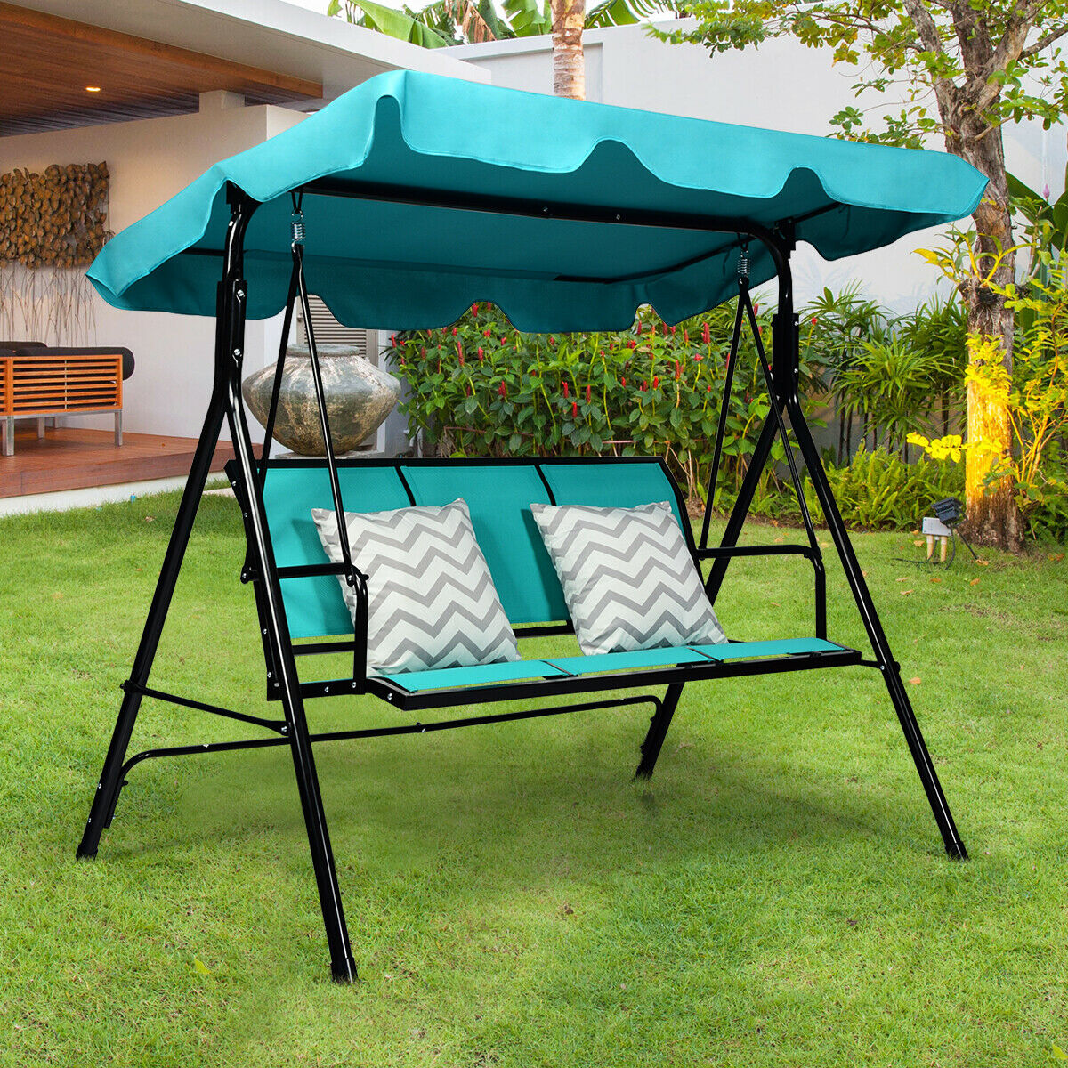 3 Seater Garden Swing Chair with Adjustable Canopy-Blue