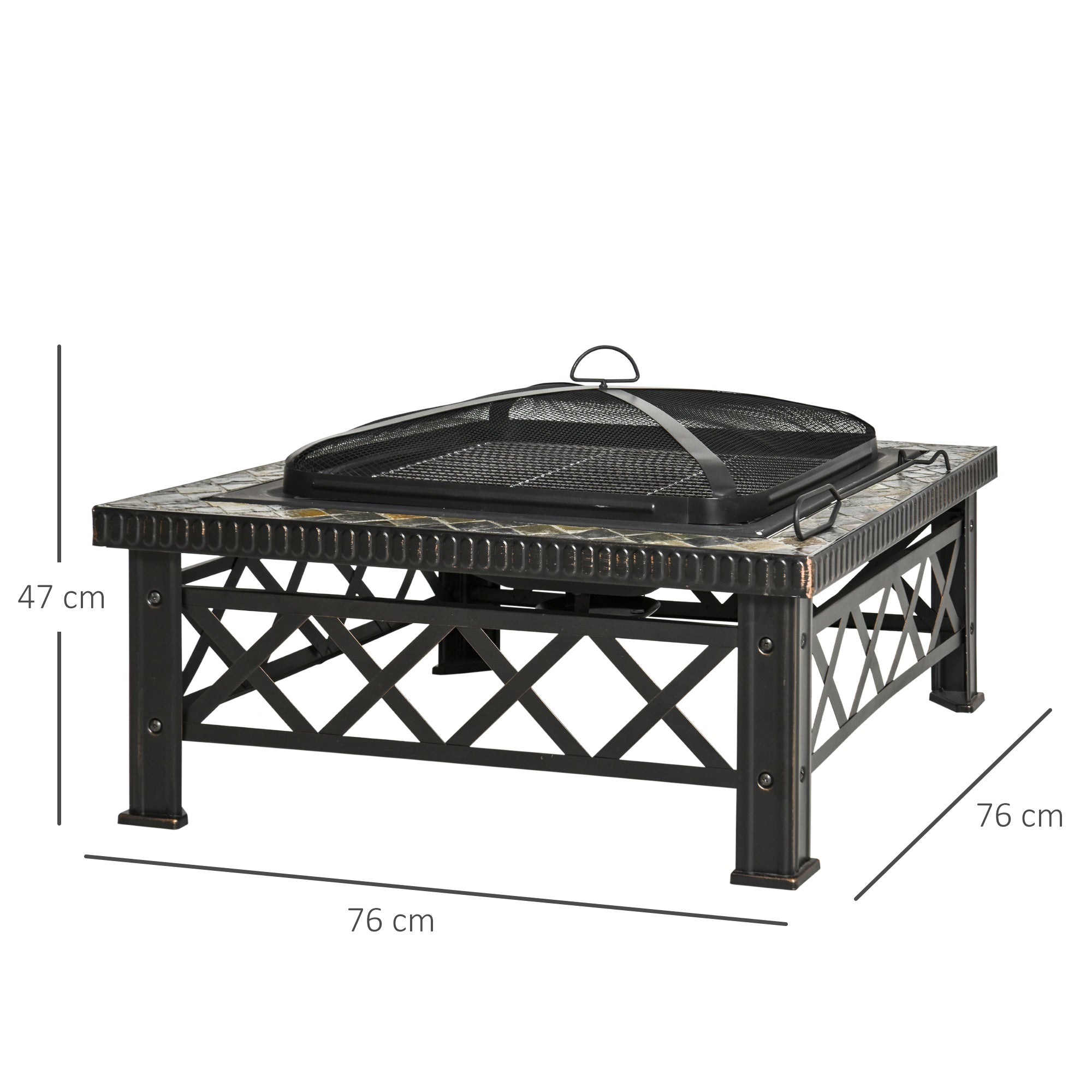 Outsunny 3 in 1 Square Fire Pit Square Table Metal Brazier for Garden, Patio with BBQ Grill Shelf, Spark Screen Cover, Grate, Poker, 76 x 76 x 47cm - Inspirely