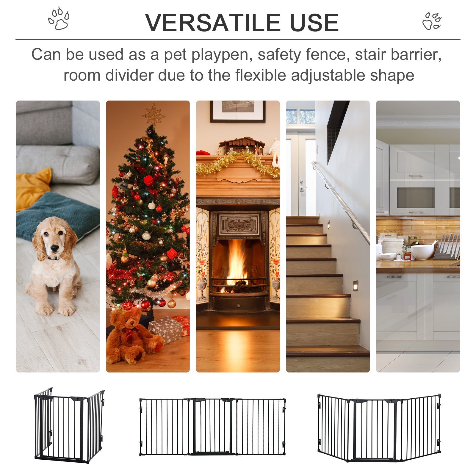PawHut Pet Gate 3-Panel Playpen Metal Safety Fence Stair Gate For Dogs Barrier Room Divider with Walk Through Door Automatically Close Lock - Inspirely