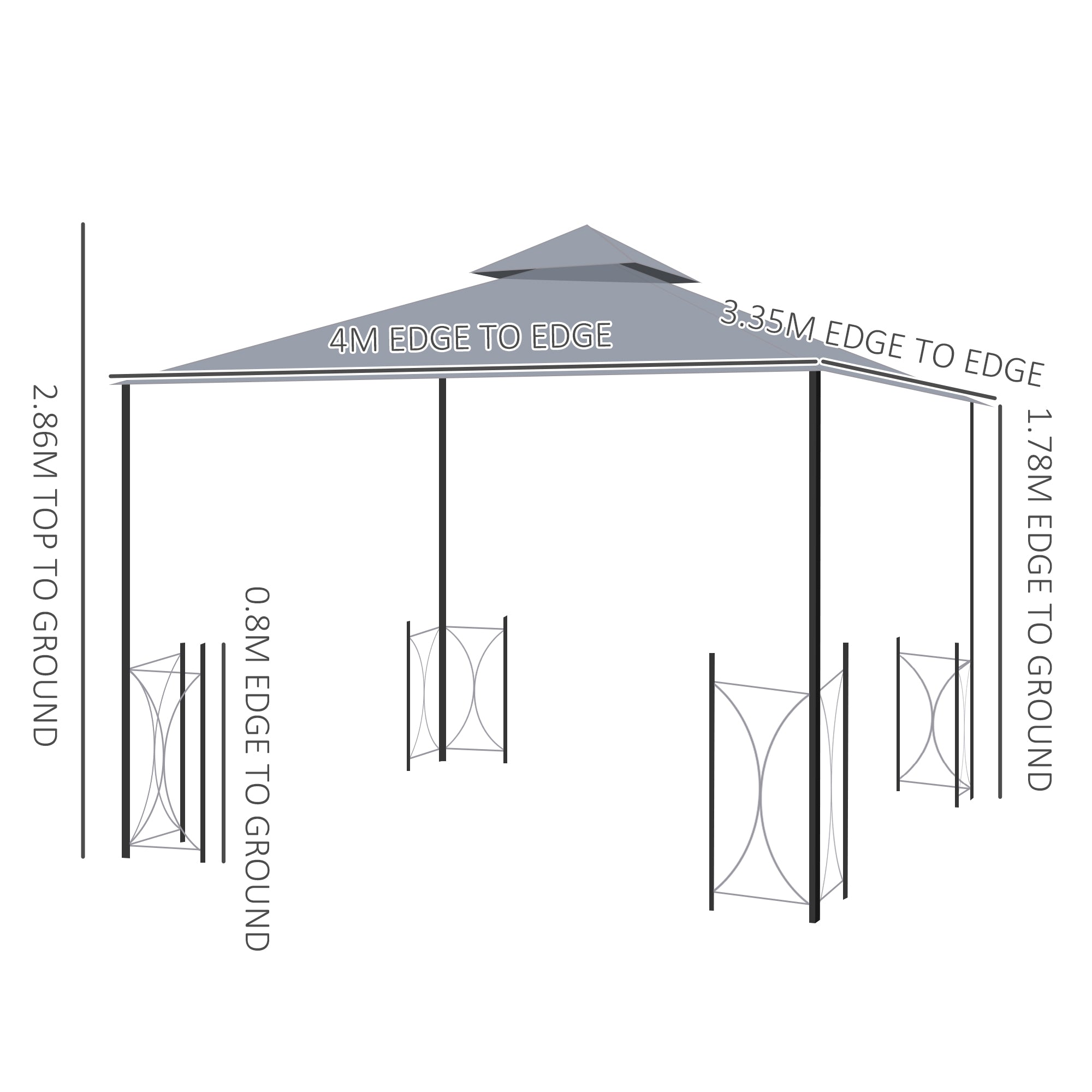 Outsunny 4 x 3.35(m) Patio Metal Gazebo Canopy Garden Tent Sun Shade, Outdoor Shelter with 2 Tier Roof, Netting and Curtains, Steel Frame, Grey