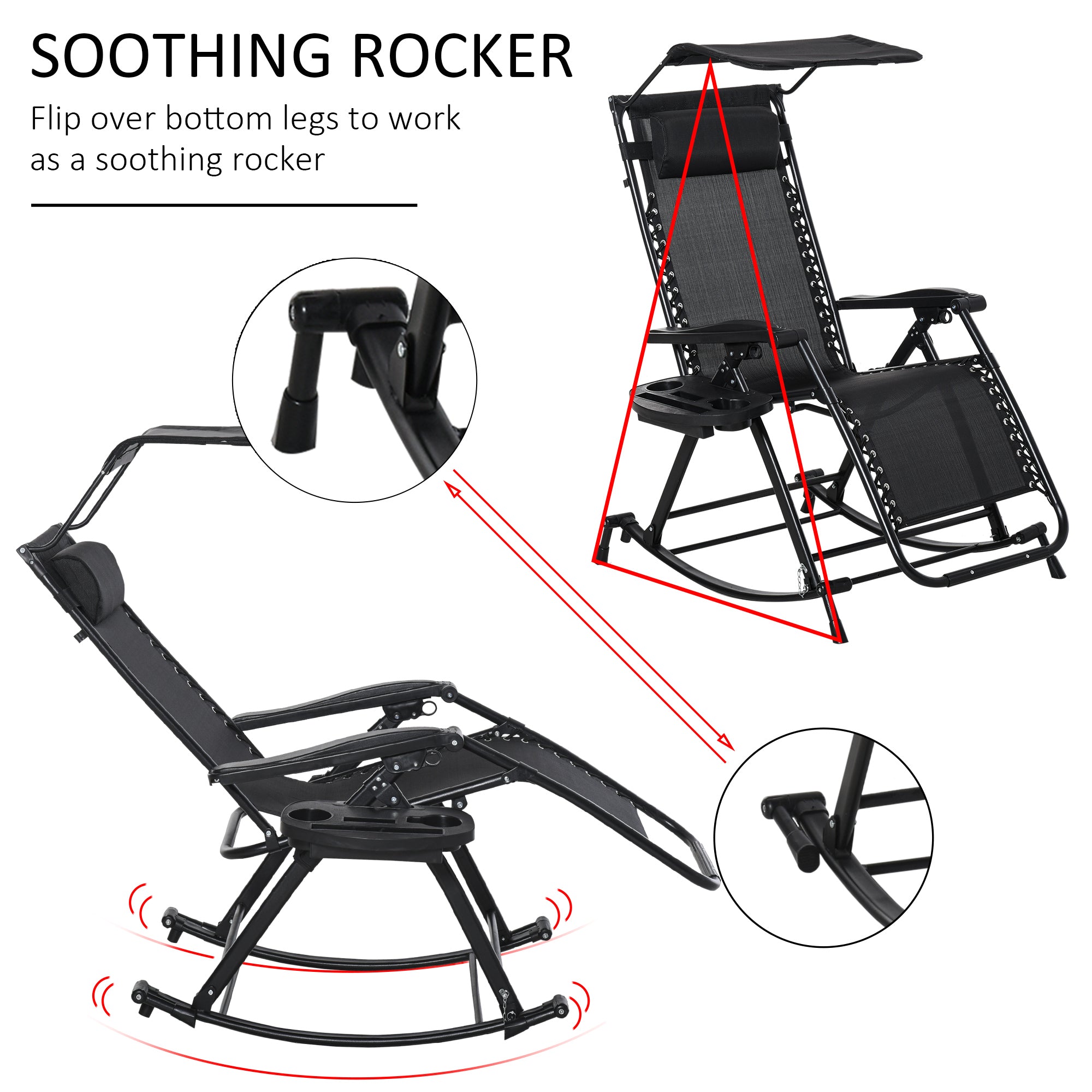 Outsunny Garden Rocking Chair Folding Recliner Outdoor Adjustable Sun Lounger Rocker Zero-Gravity Seat with Headrest Side Holder Patio Deck - Black - Inspirely