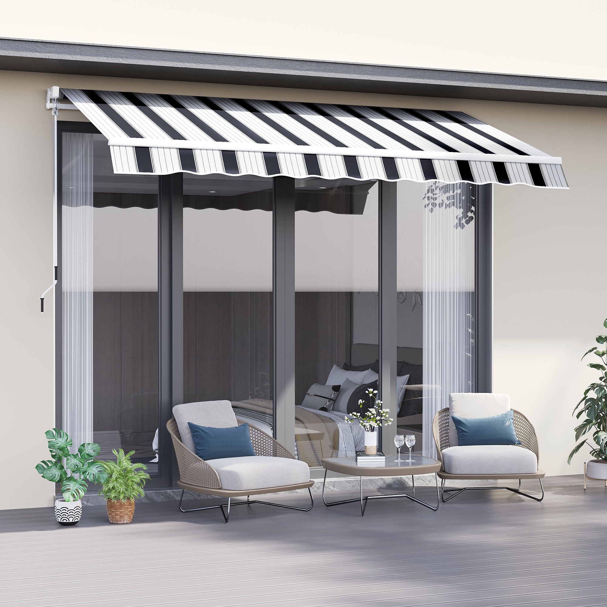 Outsunny 2.5m x 2m Garden Patio Manual Awning Canopy Sun Shade Shelter Retractable with Winding Handle Blue White - Inspirely