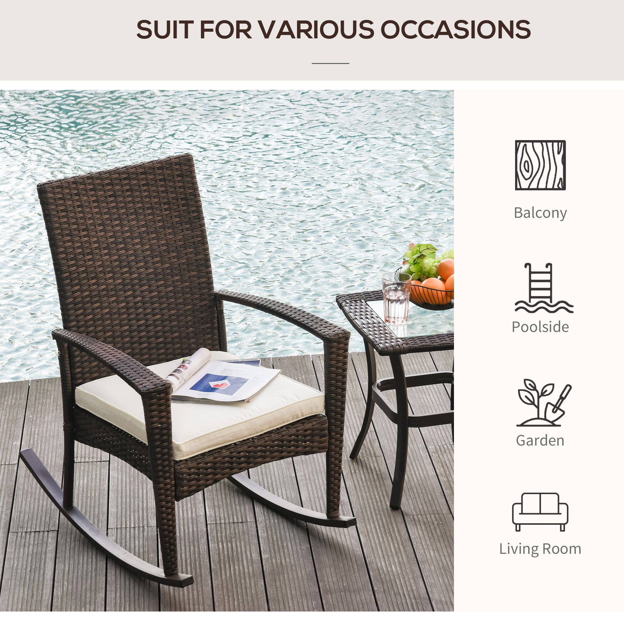 Outsunny Rattan Rocking Chair Rocker Garden Furniture Seater Patio Bistro Relaxer Outdoor Wicker Weave with Cushion - Brown - Inspirely
