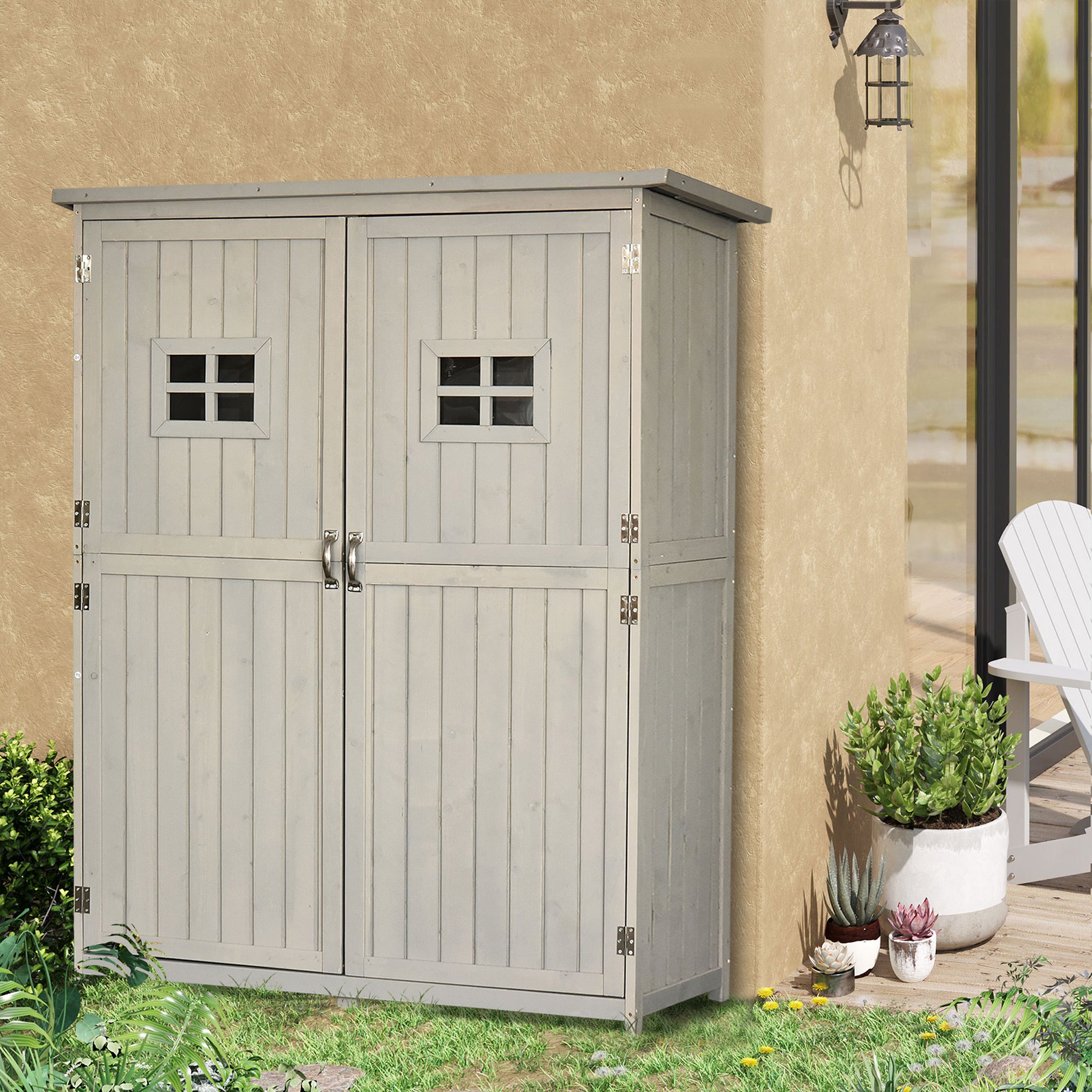 Outsunny Wooden Garden Shed Tool Storage Outsunny Wooden Garden Shed w/ Two Windows, Tool Storage Cabinet, 127.5L x 50W x 164H cm, Grey - Inspirely