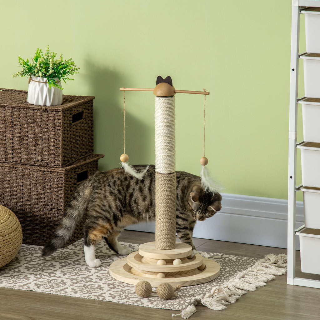 PawHut 56cm Cat Tree, Kitty Activity Center with Turntable Interactive Ball Toy, Cat Tower with Jute & Sisal Scratching Post, Natural