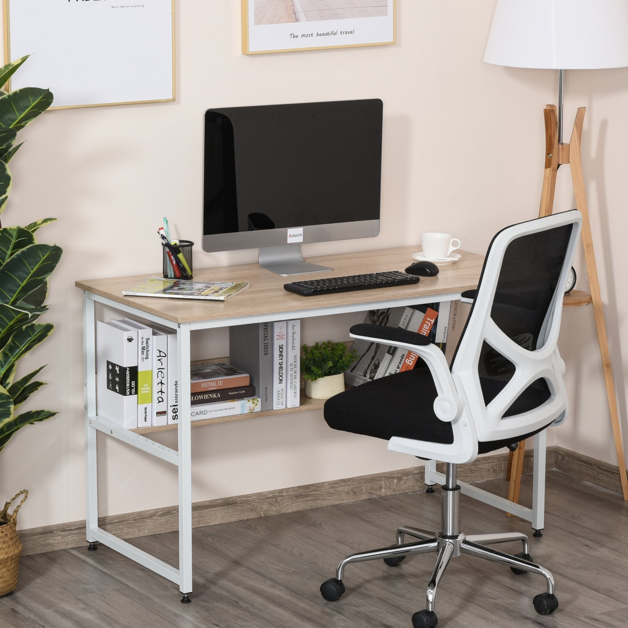 Metal Frame 2-Tier Office Desk White/Oak - Inspirely